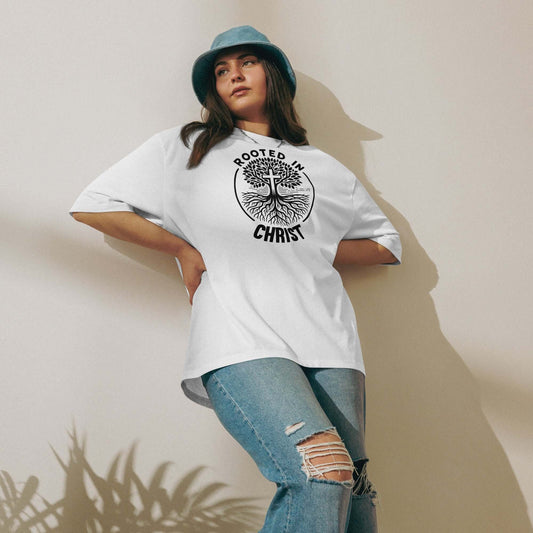 Oversized "Rooted in Christ" T-Shirt with tree design, part of Christian clothing collection in the UK.