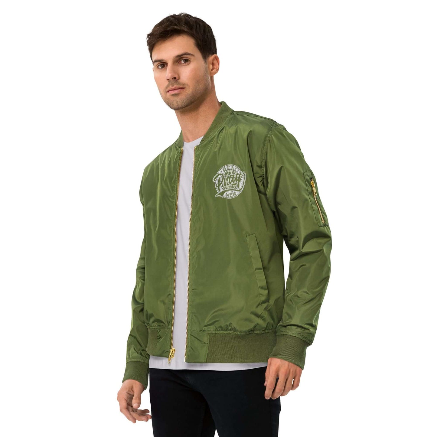 Real Men Pray bomber jacket in olive green, showcasing Christian clothing style for men in the UK.