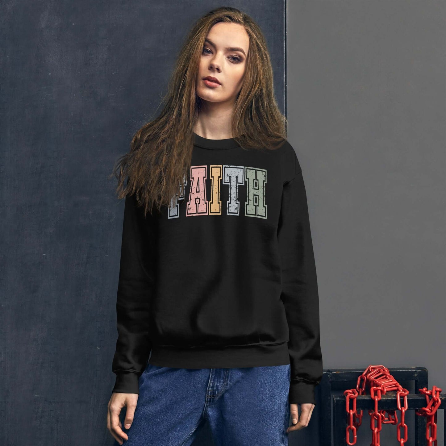 Colourful Faith Women’s Christian Sweatshirt in black, featuring vibrant “Faith” letters, ideal for stylish Christian clothing in the UK.