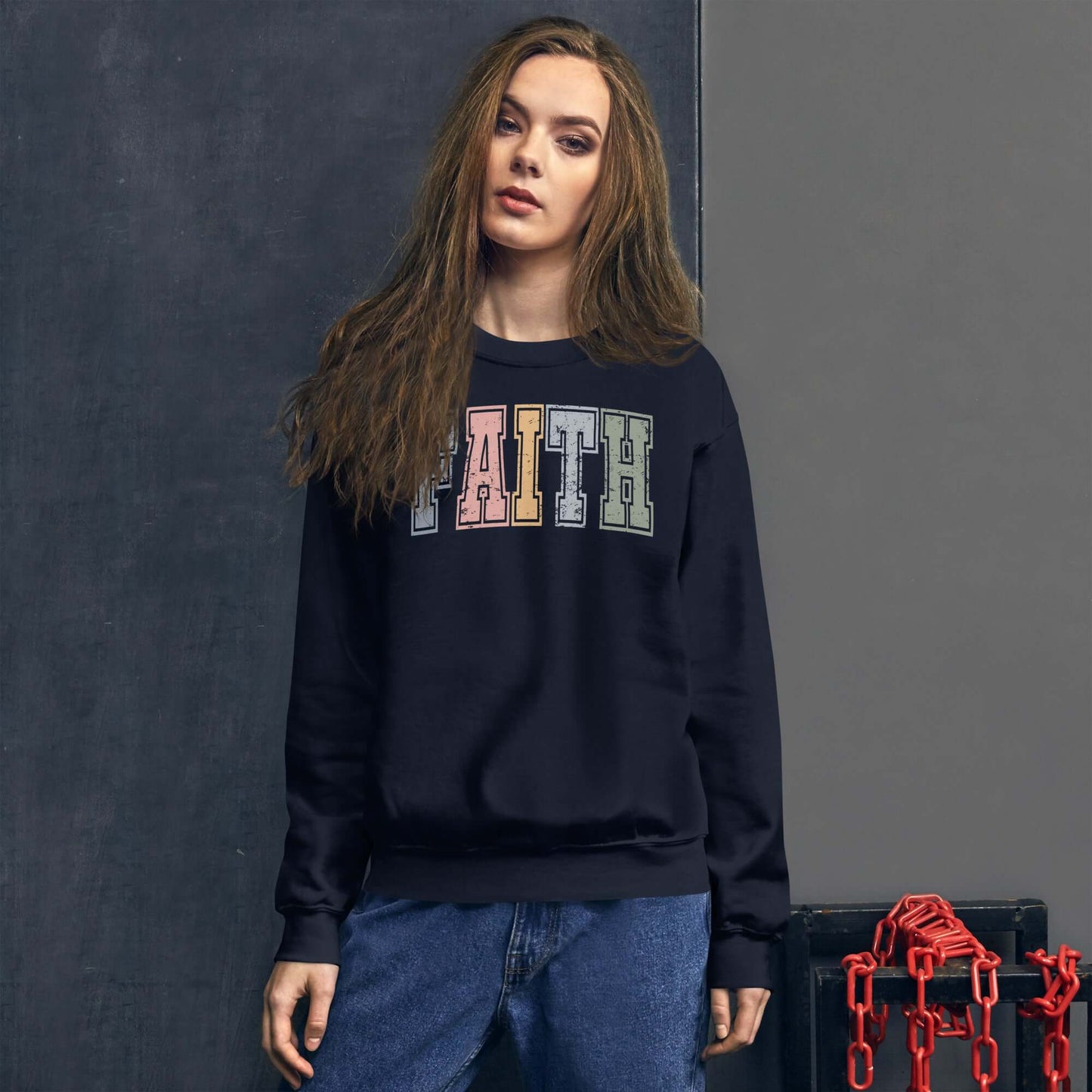 Women’s Christian sweatshirt with colorful "Faith" design, perfect for casual style and inspiration in Christian clothing UK.