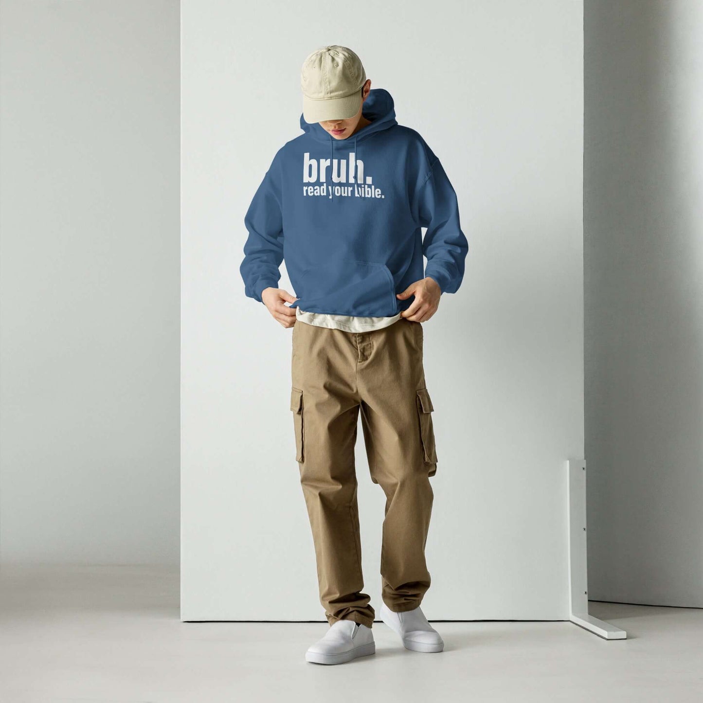 Unisex "Bruh, Read Your Bible" Christian hoodie in blue, promoting Christian clothing and faith-inspired apparel.