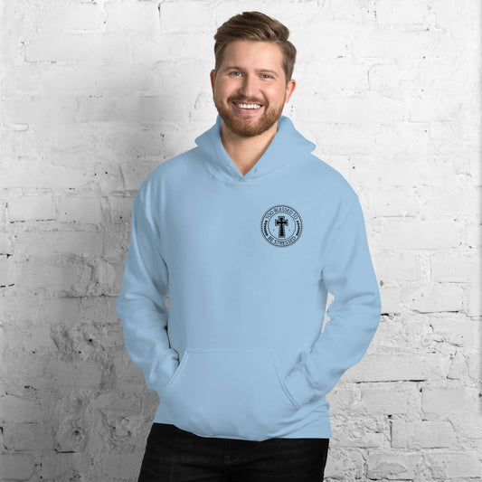 Man wearing a light blue "Too Blessed to Be Stressed" Christian hoodie with a cross logo, inspired by Philippians 4:6-7.