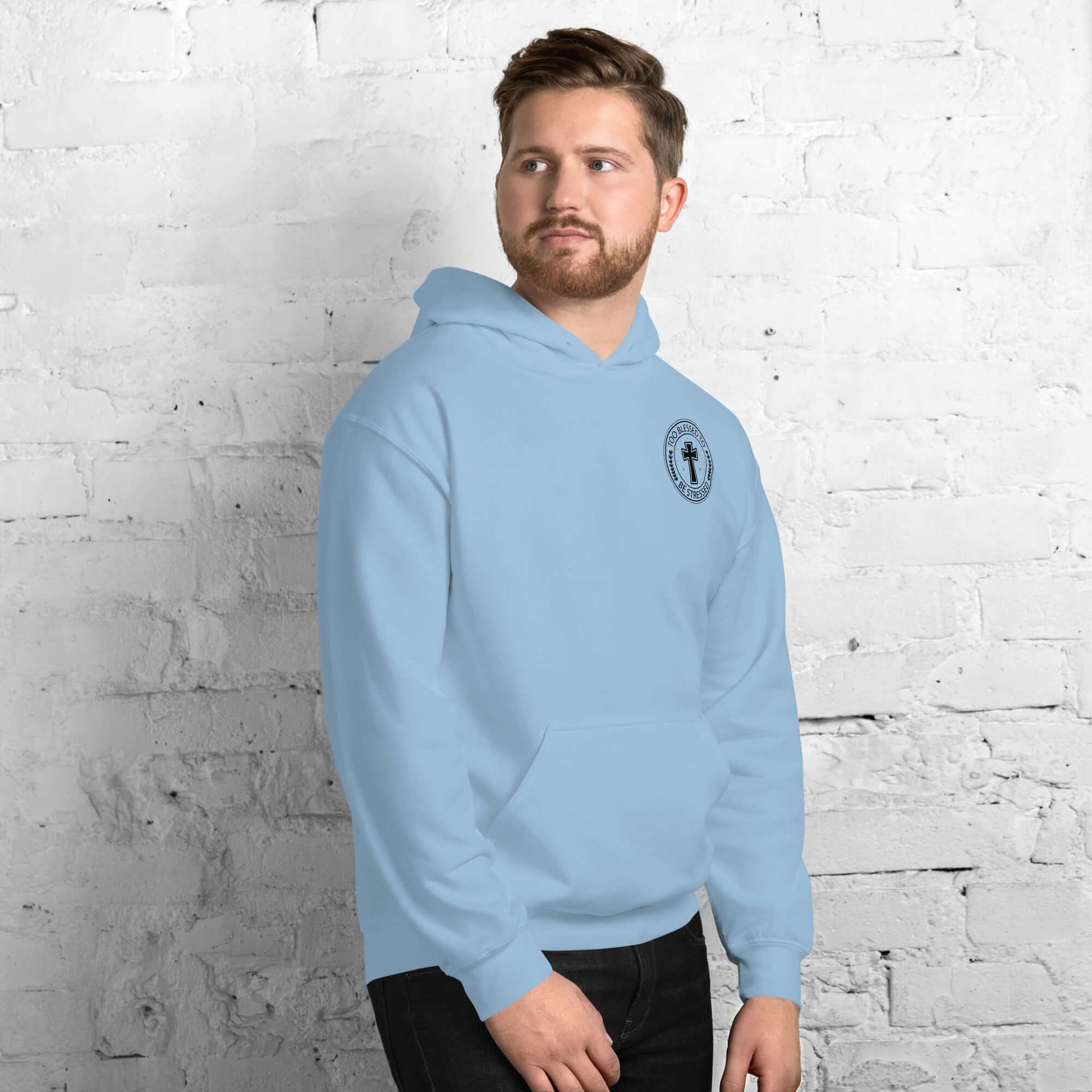 Light blue Christian hoodie with "Too Blessed to Be Stressed" design, perfect for showcasing faith and gratitude.