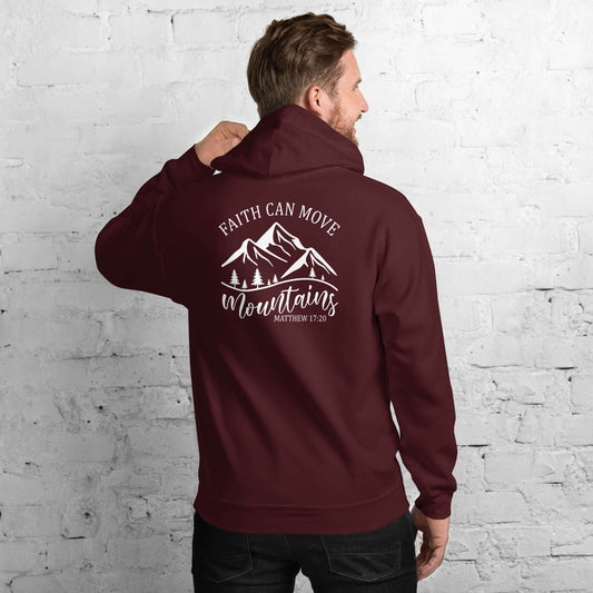 Unisex maroon hoodie featuring "Faith Can Move Mountains" design on the back, perfect for Christian clothing in the UK.