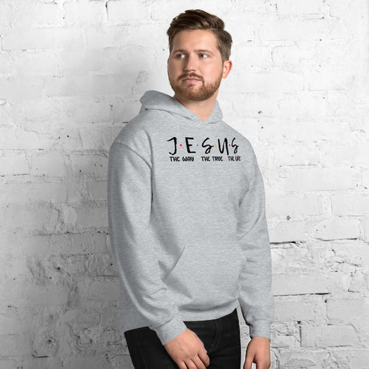 Unisex JESUS hoodie inspired by Friends sitcom, featuring bold letters and colorful dots, perfect for Christian clothing in the UK.