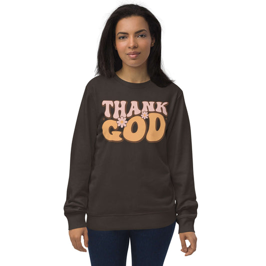 Women's black "Thank God" Christian sweatshirt featuring modern typography, perfect for expressing faith and appreciation.