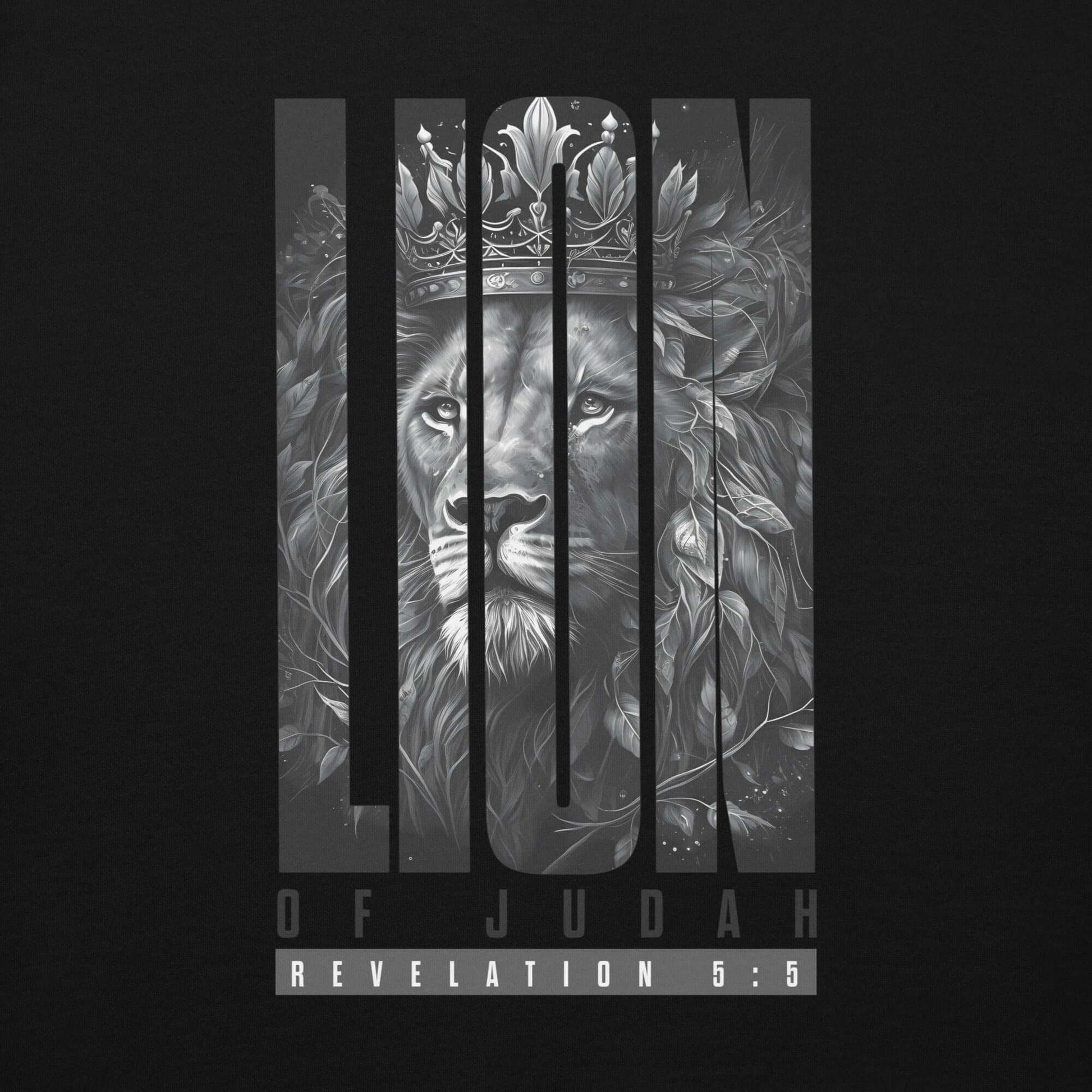 Lion of Judah graphic hoodie design featuring a crowned lion and Revelation 5:5 text, perfect for Christian clothing UK.