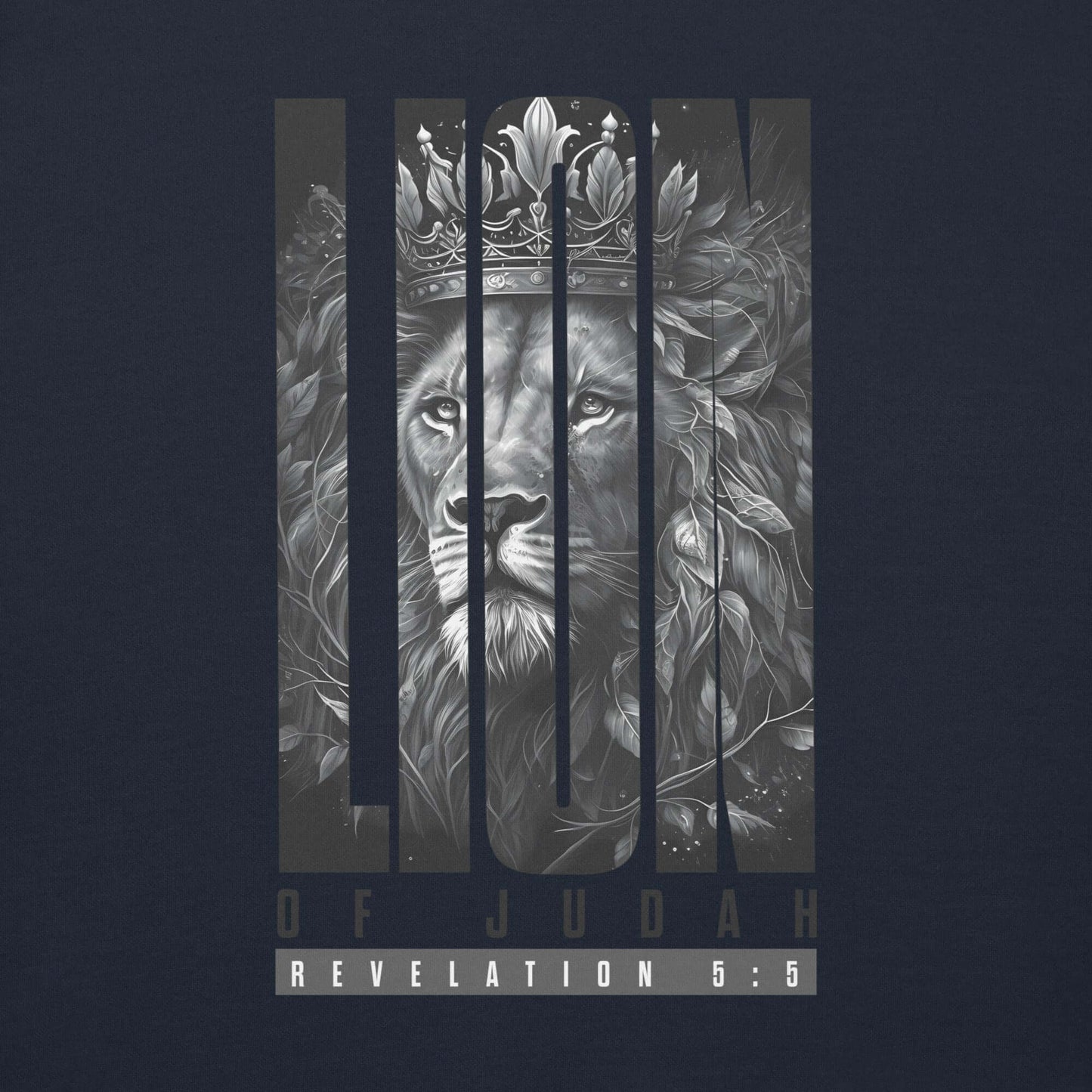 Lion of Judah hoodie design featuring a majestic lion with a crown and Revelation 5:5 message, symbolizing Christian victory.