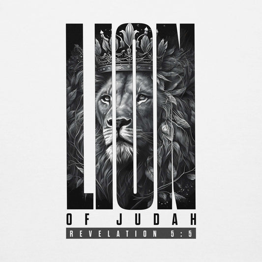 Lion of Judah graphic design featuring a crowned lion, inspired by Revelation 5:5, perfect for Christian clothing UK.