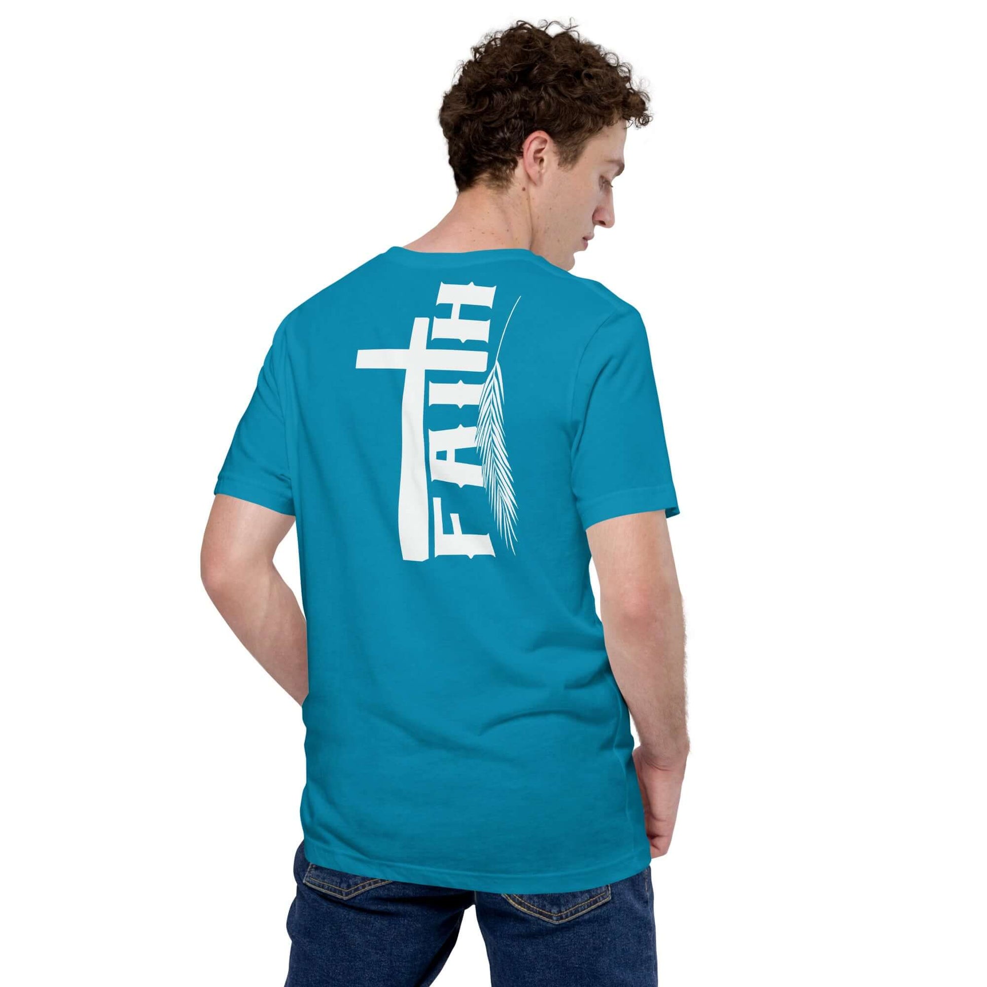 Man wearing turquoise Christian clothing UK t-shirt with 'Faith' text, cross, and feather design, inspired by Hebrews 11:1.