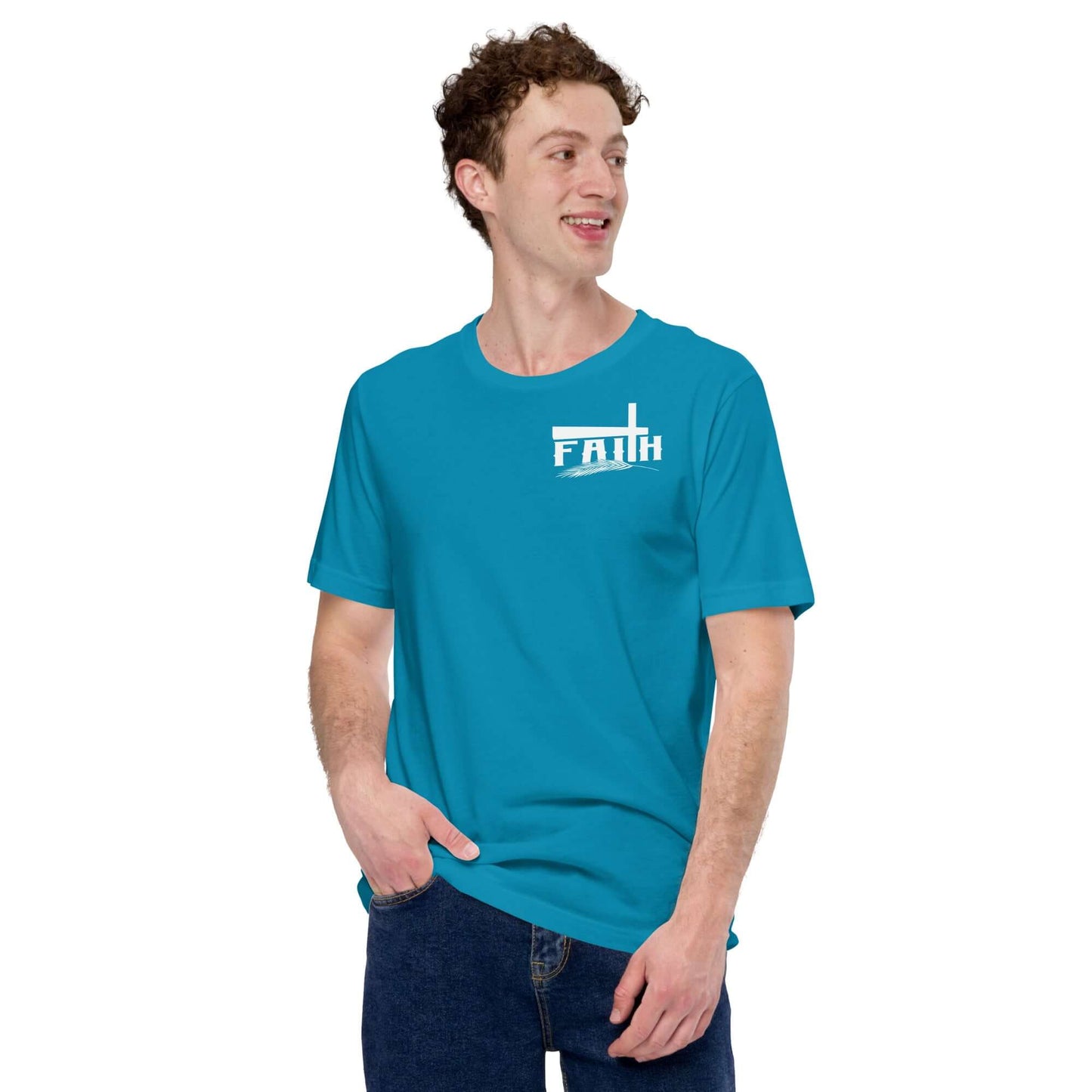 Man wearing teal Christian Faith Cross and Feather T-shirt inspired by Hebrews 11:1, representing trust and hope in Christ.