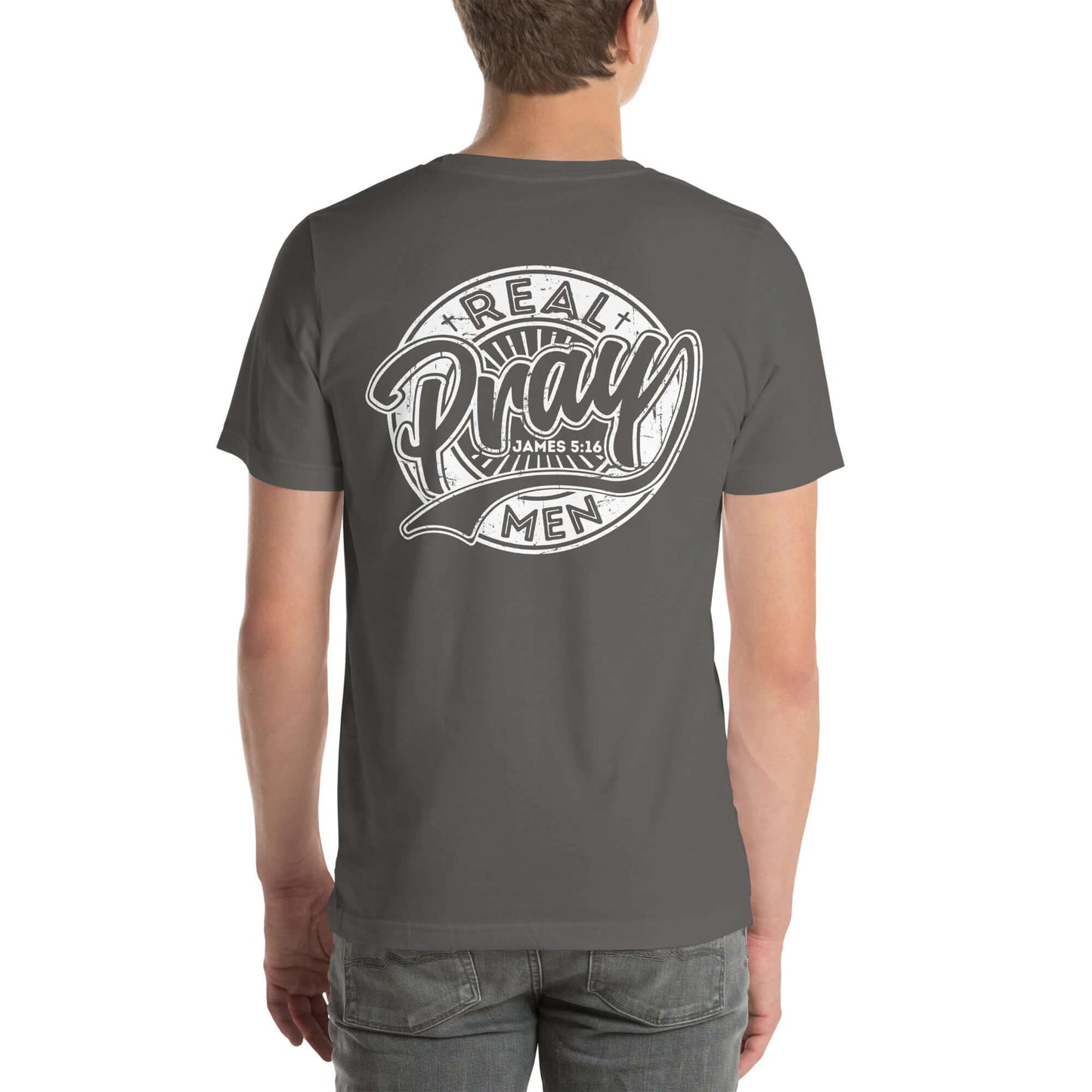 Men's t-shirt featuring "Real Men Pray" design on the back, showcasing Christian clothing in the UK.