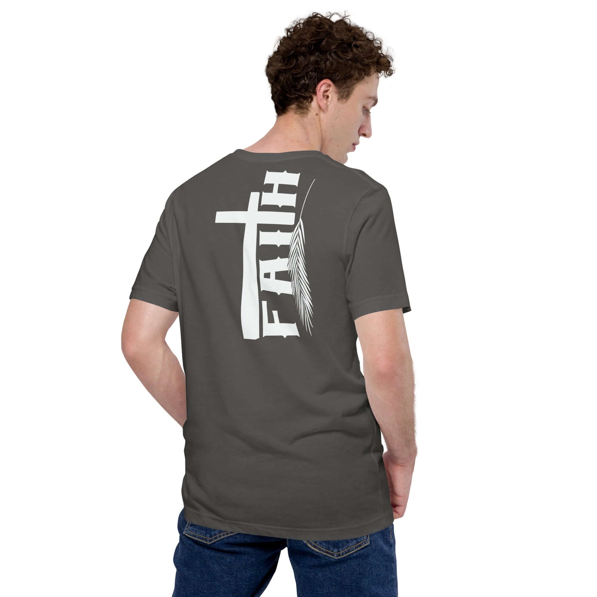 Man wearing Christian clothing UK, grey Faith Cross and Feather T-Shirt inspired by Hebrews 11:1, back view