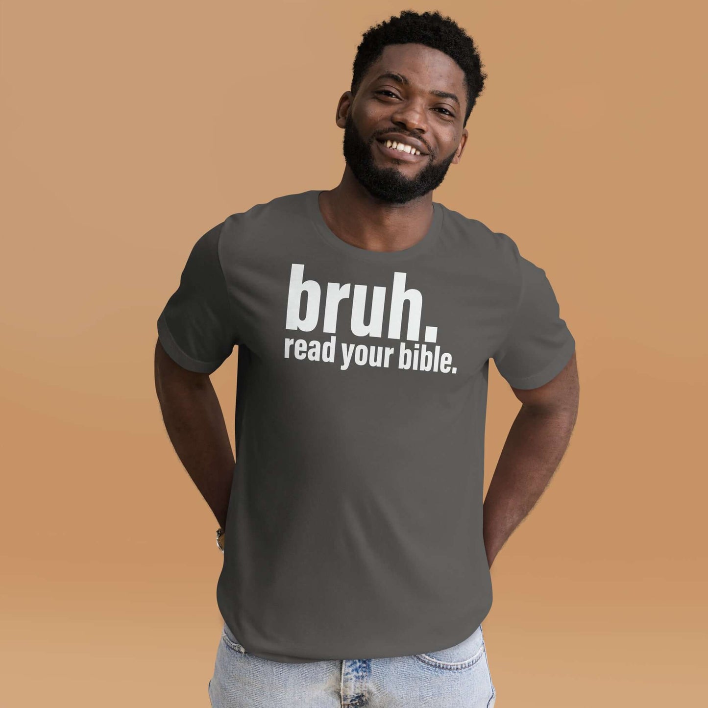 Man wearing "Bruh, Read Your Bible" Christian T-shirt, promoting faith-based apparel in the UK.