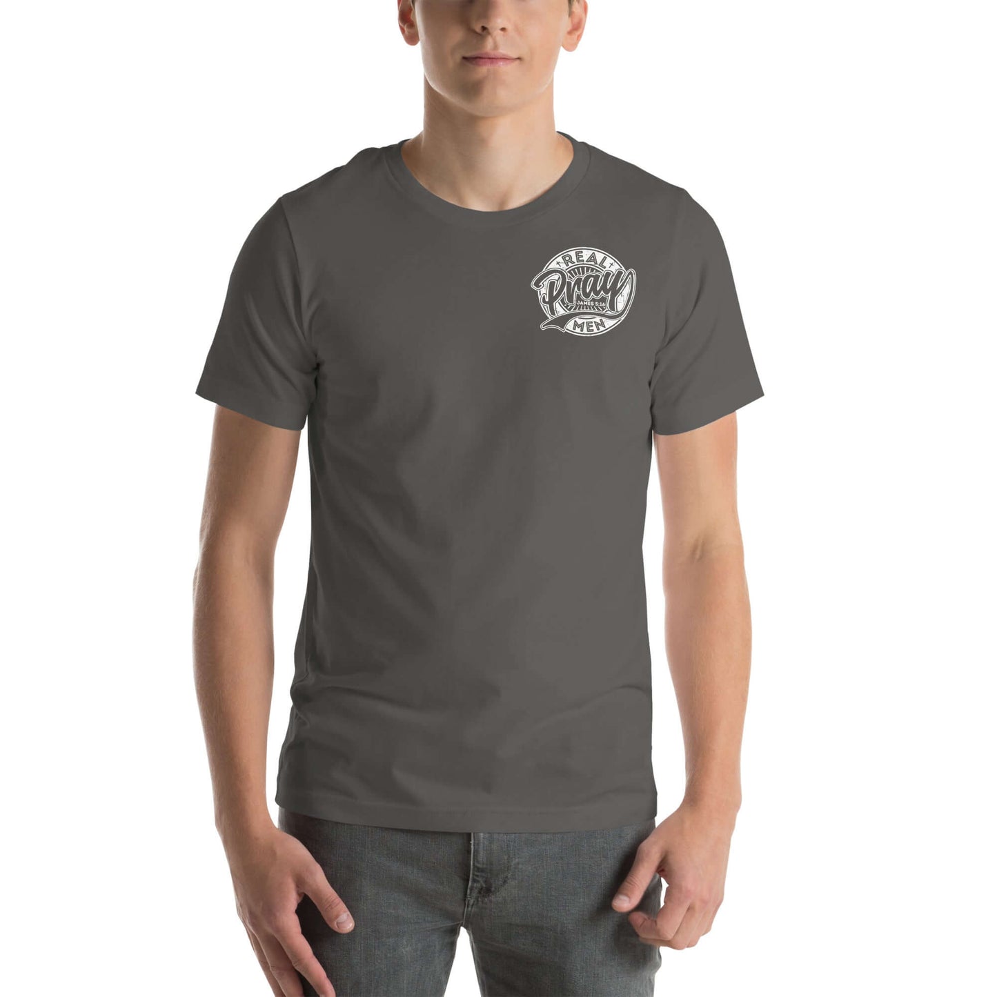 Men's "Real Men Pray" Christian T-shirt in dark grey, showcasing faith and strength, ideal for Christian clothing in the UK.