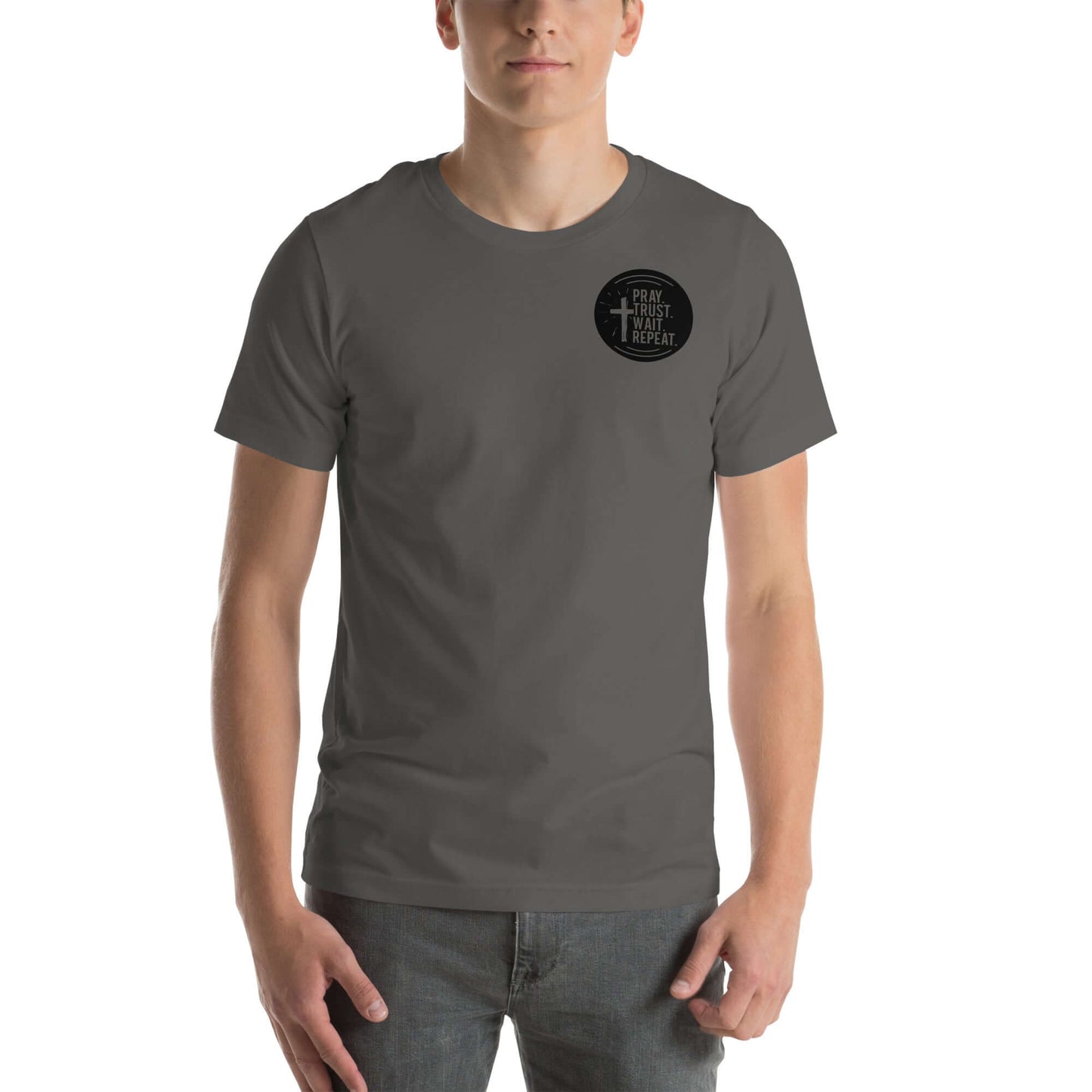 Christian T-shirt featuring "Pray. Trust. Wait. Repeat." design, perfect for daily wear and inspiration in faith.