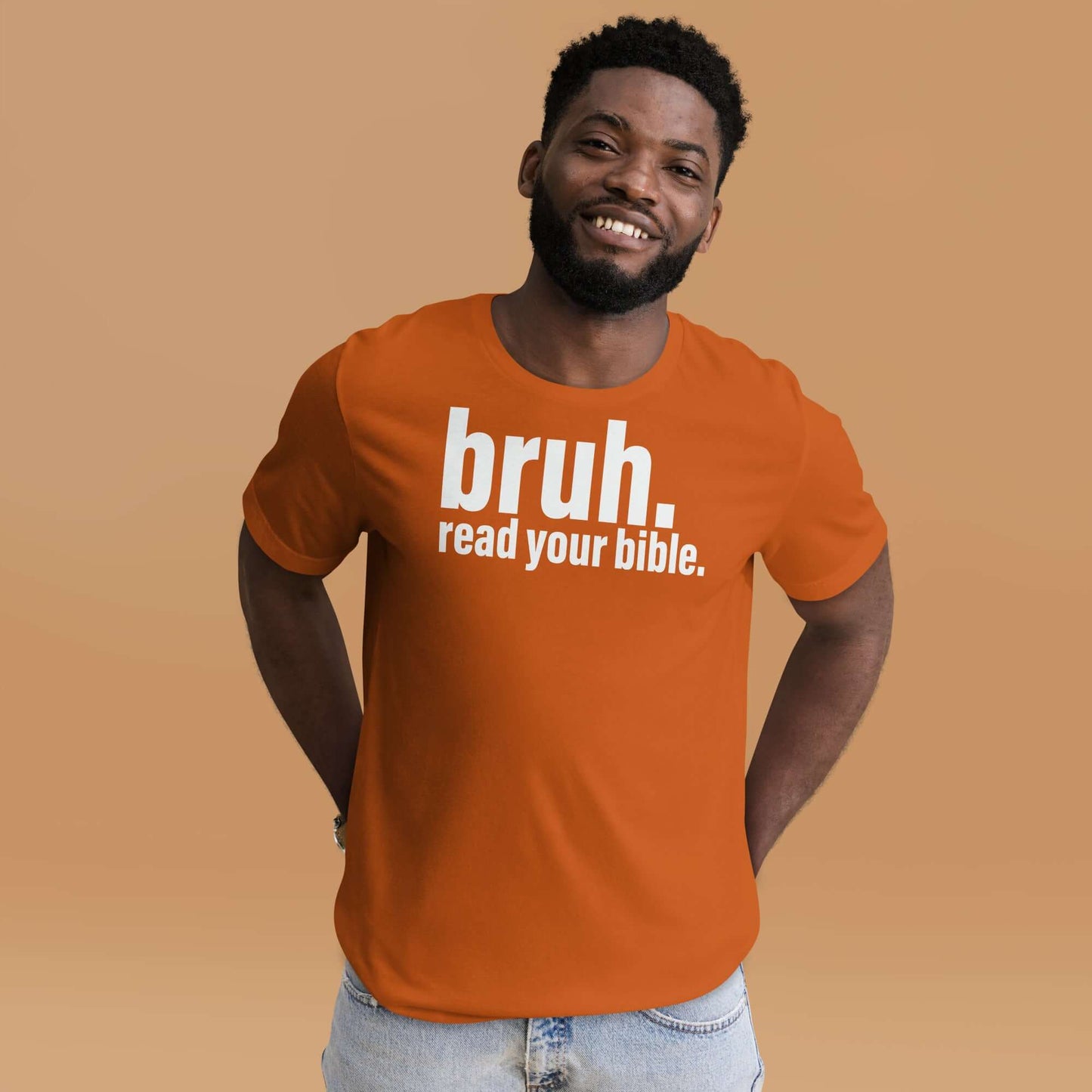 Christian T-shirt featuring "bruh. read your bible." design, casual apparel for Christians in the UK.