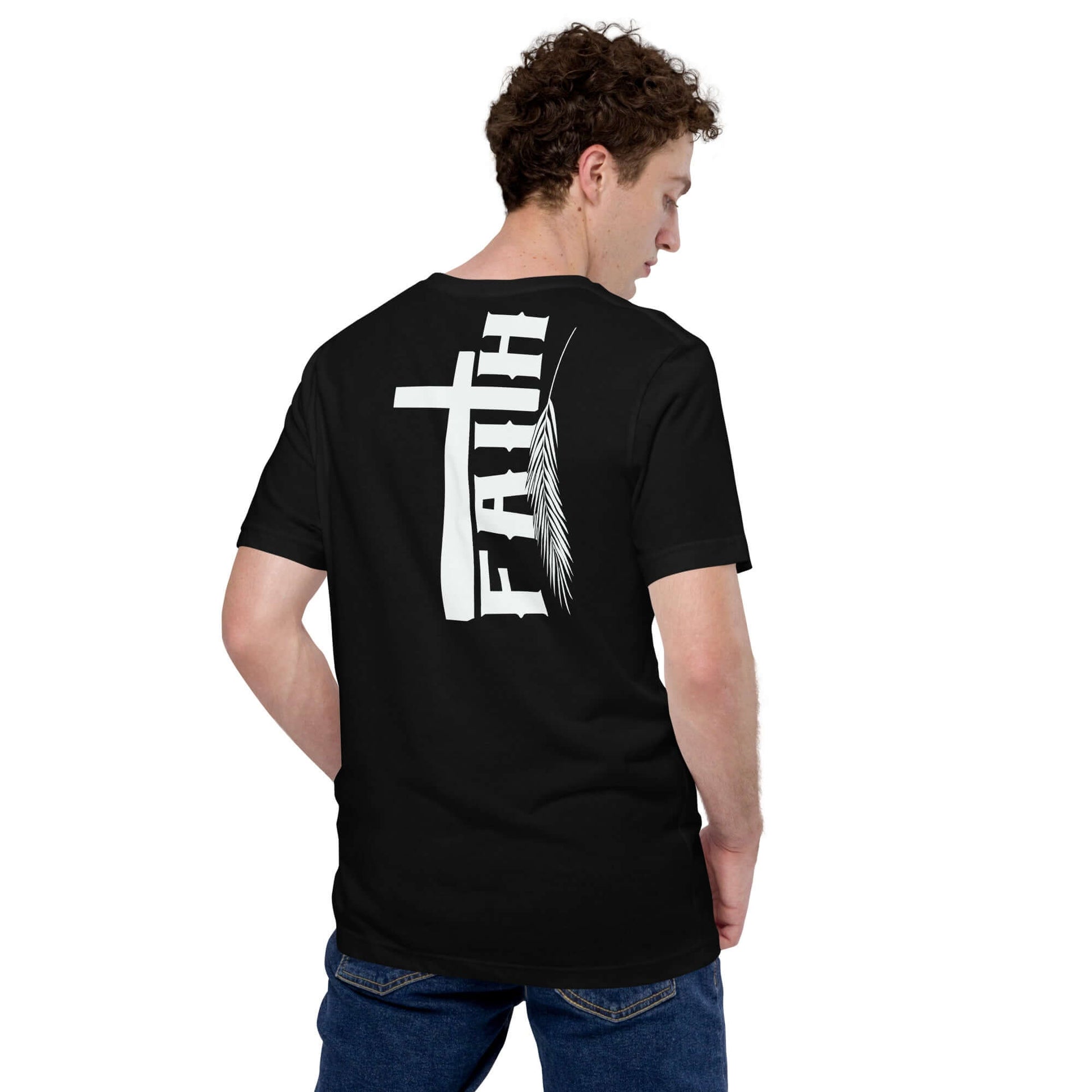 Man wearing black Christian t-shirt with 'Faith' text, cross, and feather design, inspired by Hebrews 11:1, Christian clothing UK.