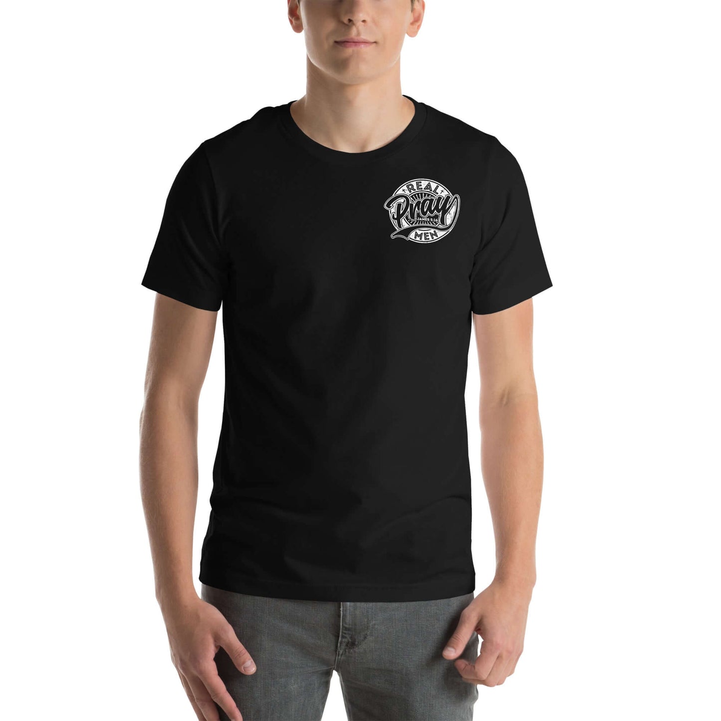 Black "Real Men Pray" men's Christian t-shirt, unique design, comfortable cotton, part of Christian clothing UK collection.