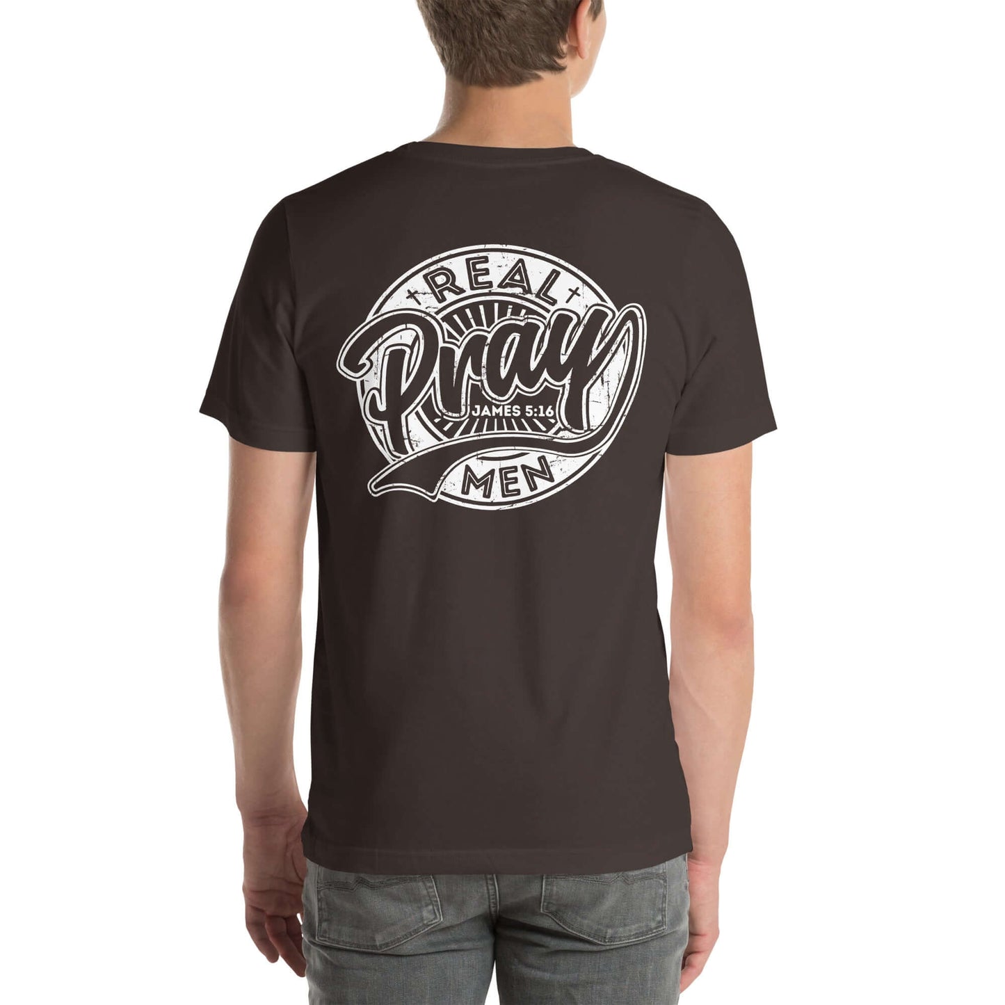 Men's "Real Men Pray" T-shirt in black, showcasing a bold prayer message, perfect for Christian clothing in the UK.