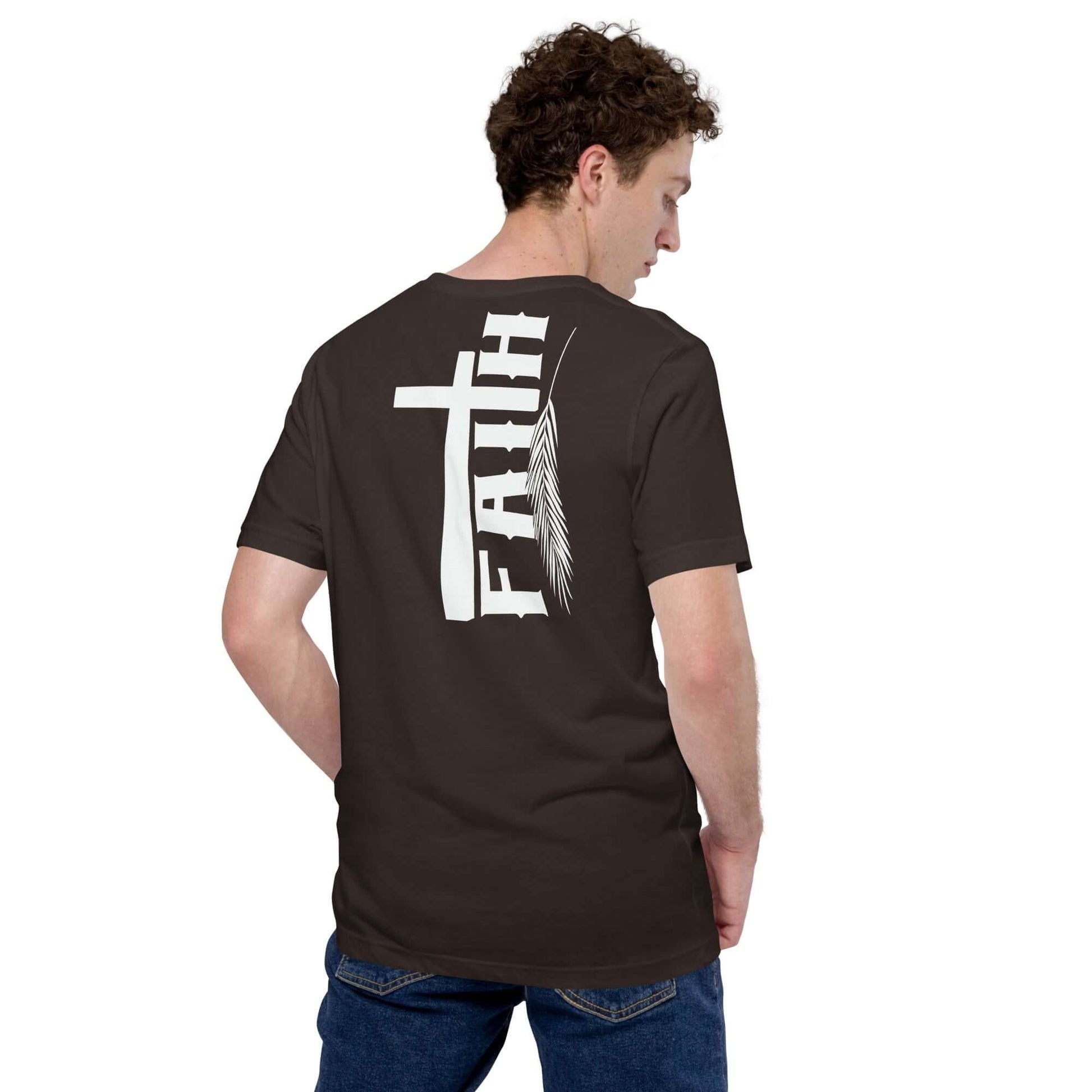 Man wearing a black "Faith" T-shirt with a cross and feather design, inspired by Hebrews 11:1, Christian clothing UK