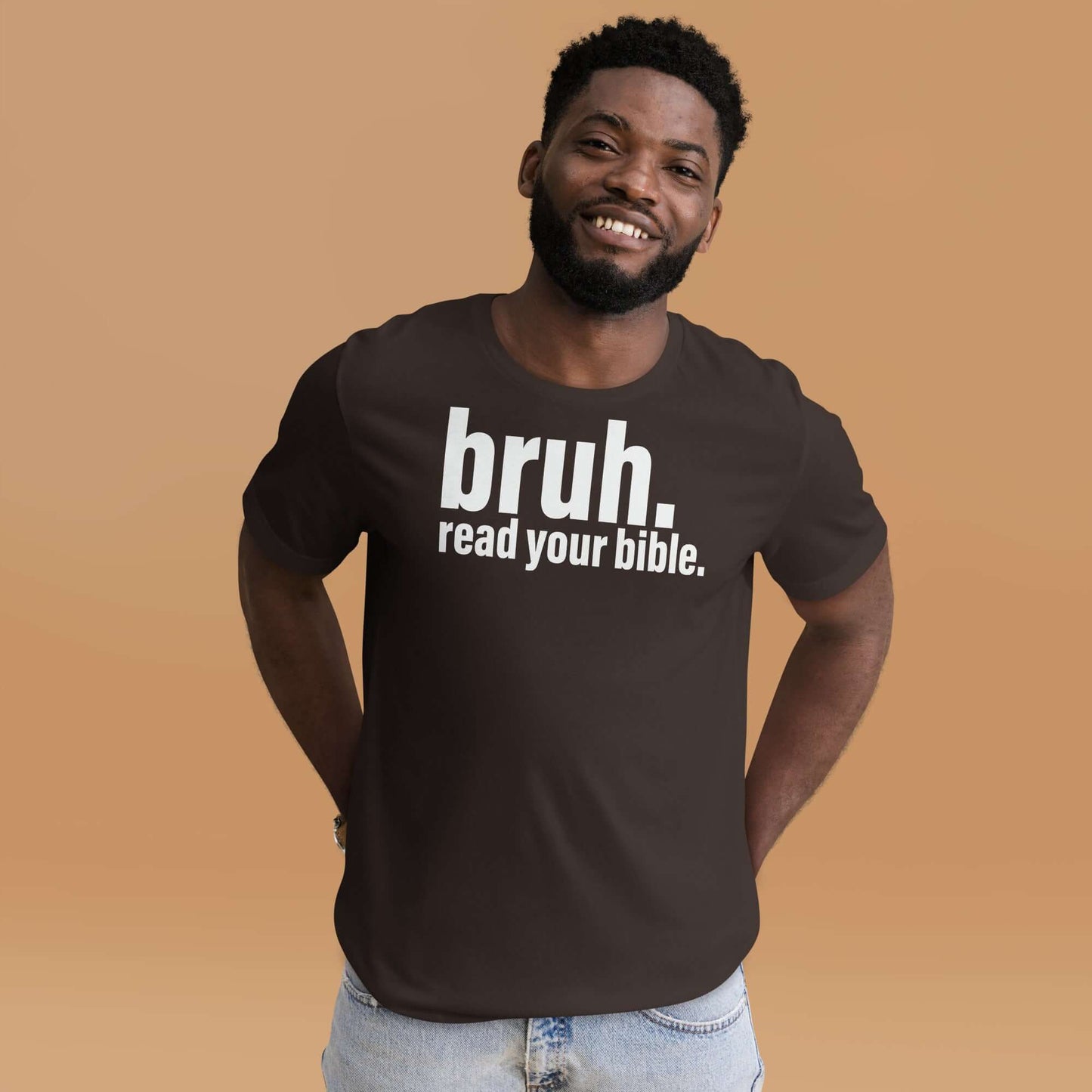 Christian T-shirt featuring "bruh. read your bible." design, casual apparel for Christians in the UK.