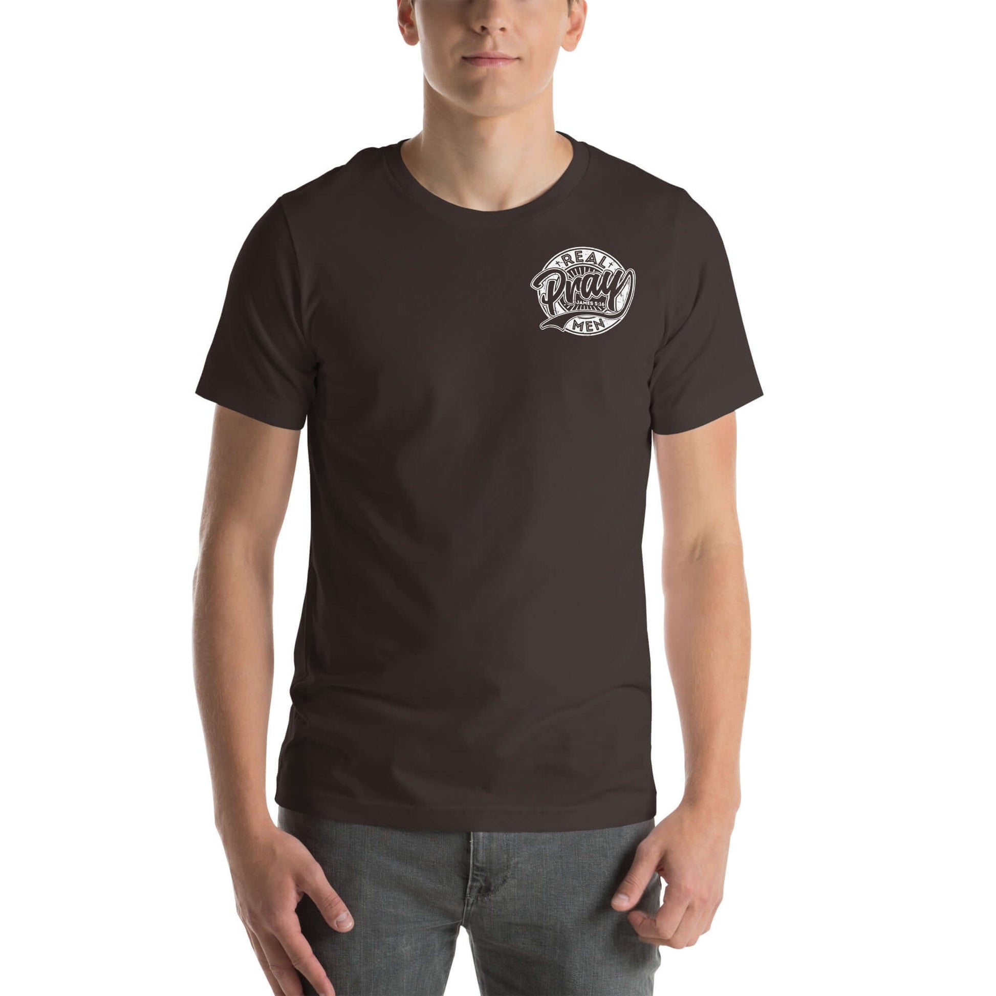 Men's "Real Men Pray" Christian T-shirt in black, symbolizing faith and strength in Christian clothing UK.