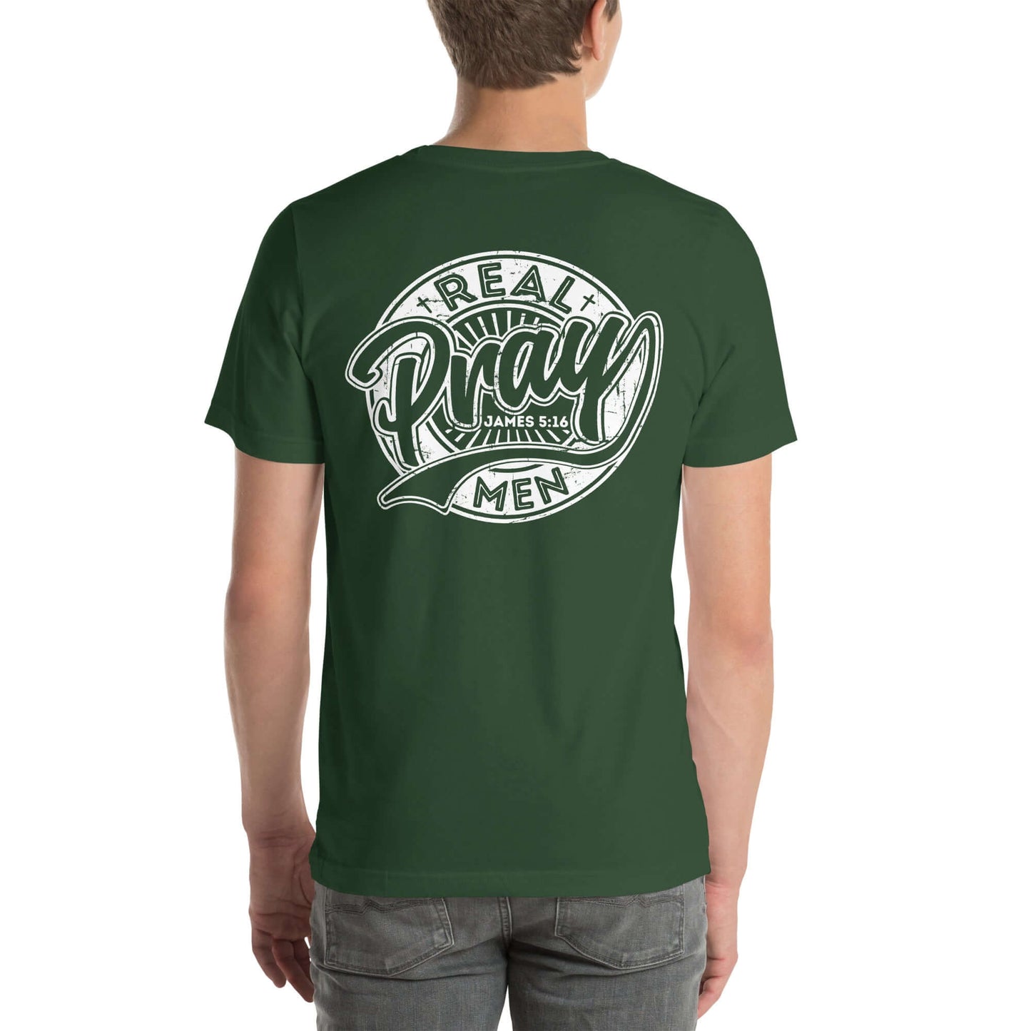 Men's green "Real Men Pray" Christian T-shirt featuring bold text design for faith and strength in casual wear.