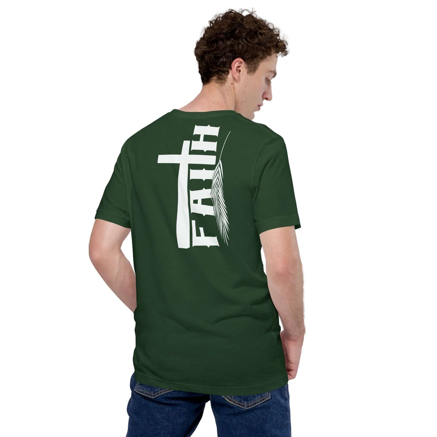 Man wearing green Faith Cross and Feather T-shirt inspired by Hebrews 11:1, Christian clothing UK.