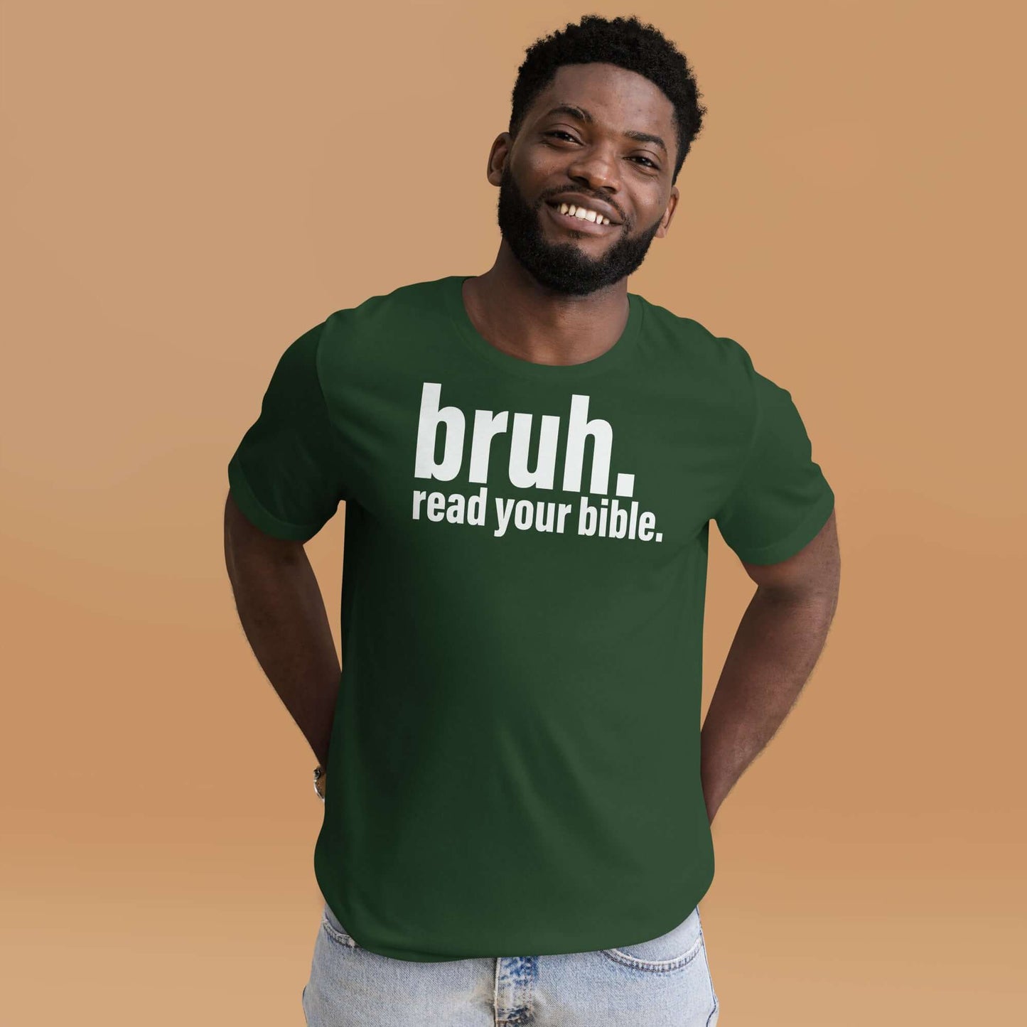 Green "Bruh, Read Your Bible" Christian T-shirt worn by a smiling man, promoting Christian clothing.