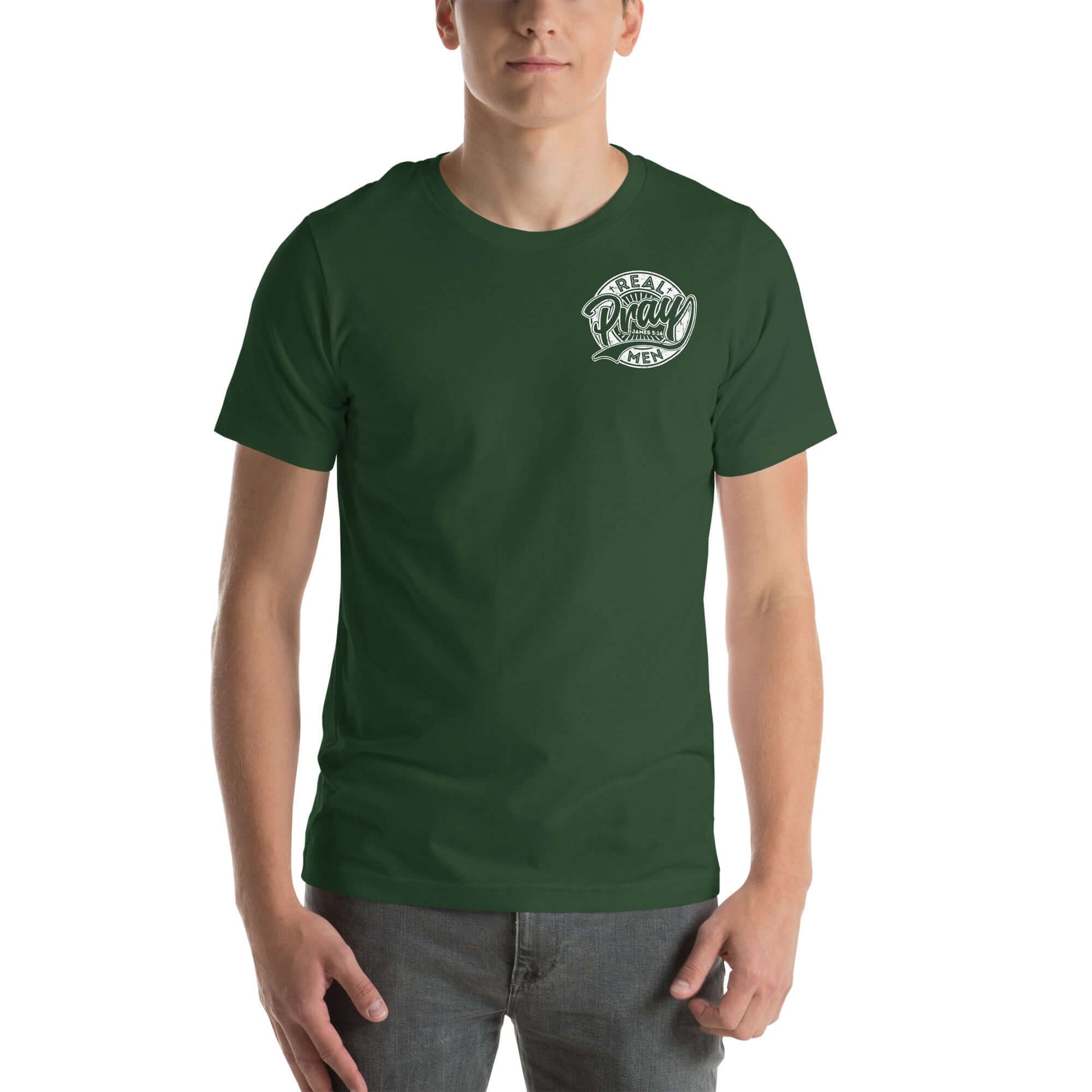 Men's green "Real Men Pray" Christian t-shirt showcasing faith and strength in comfortable, breathable fabric. Christian Clothing UK.