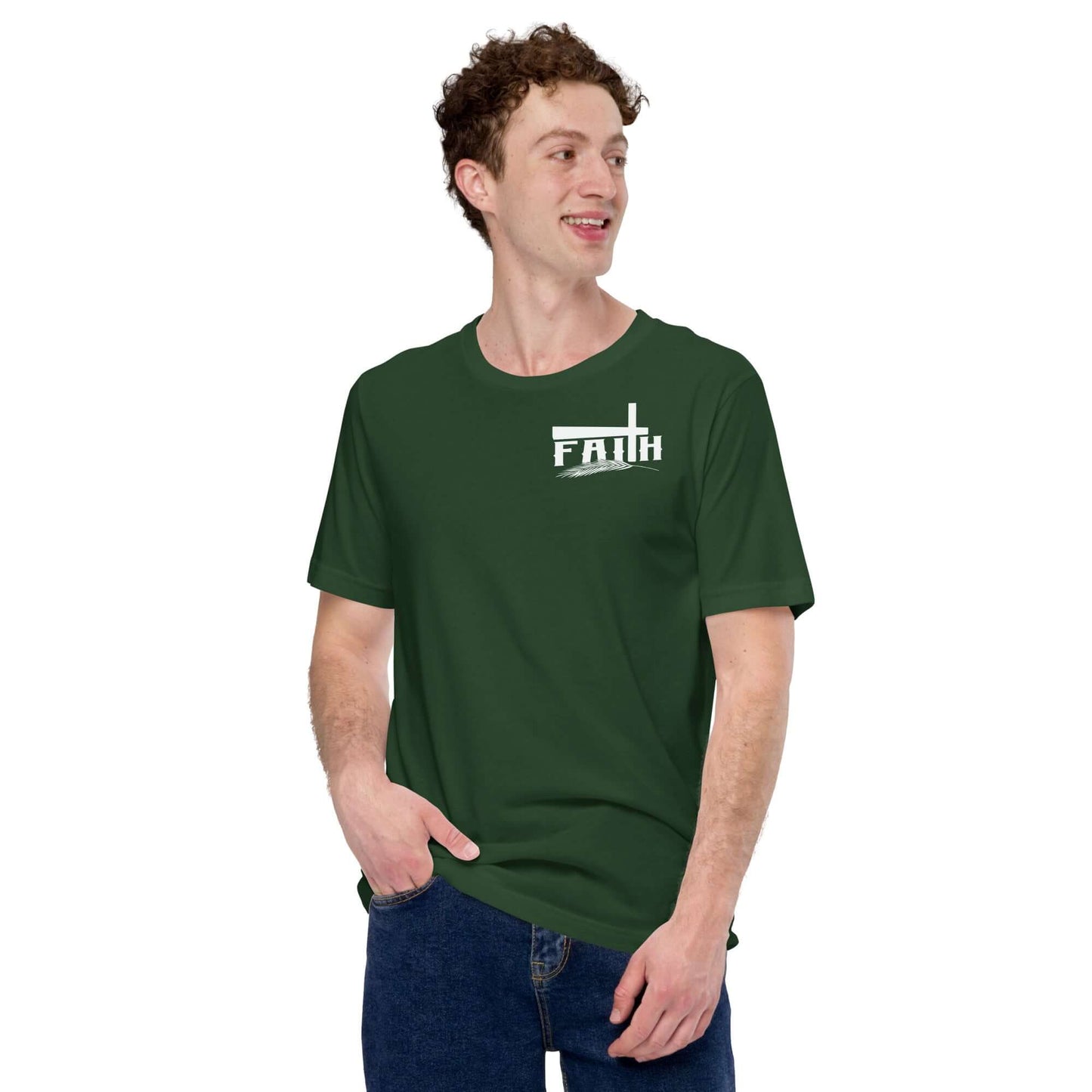 Young man wearing a green Christian Faith Cross and Feather T-Shirt inspired by Hebrews 11:1, promoting Christian clothing UK.