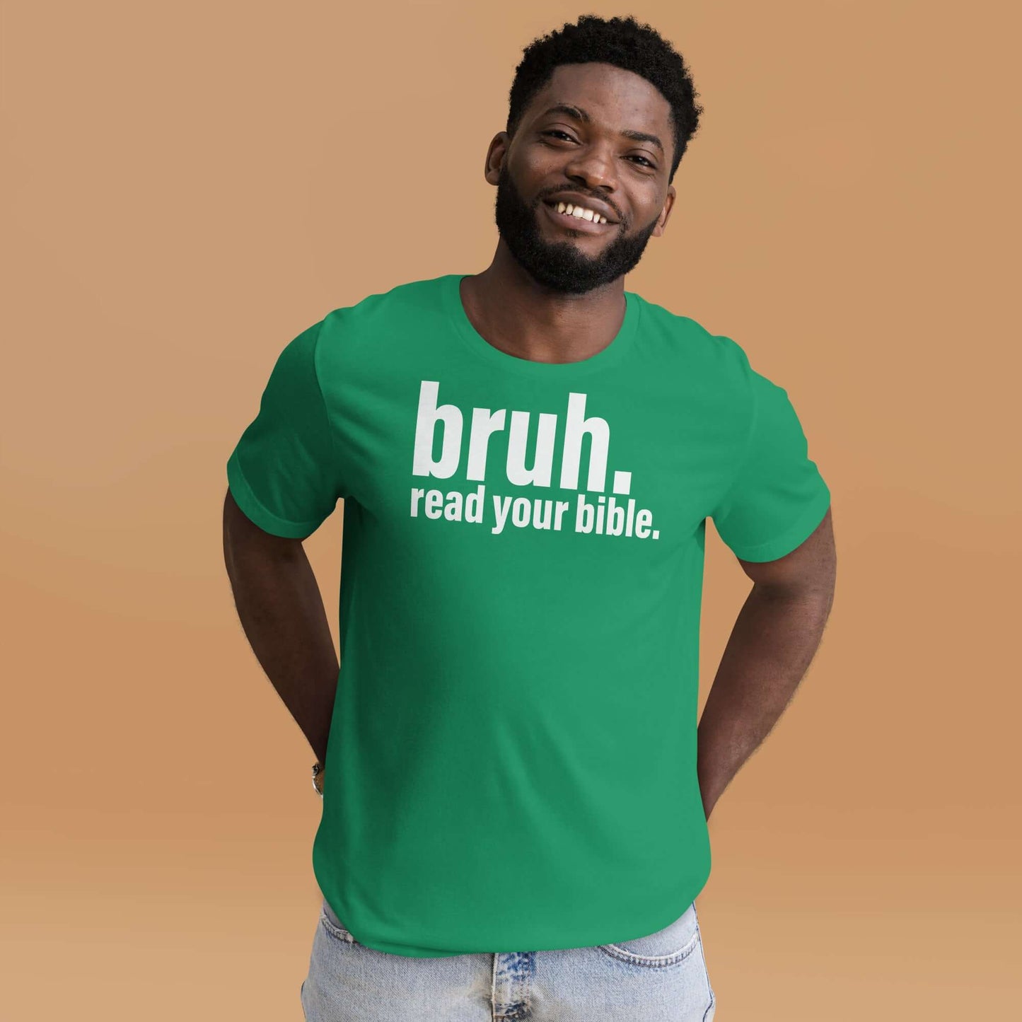 man wearing green "Bruh, Read Your Bible" Christian T-shirt, promoting Christian clothing in the UK.