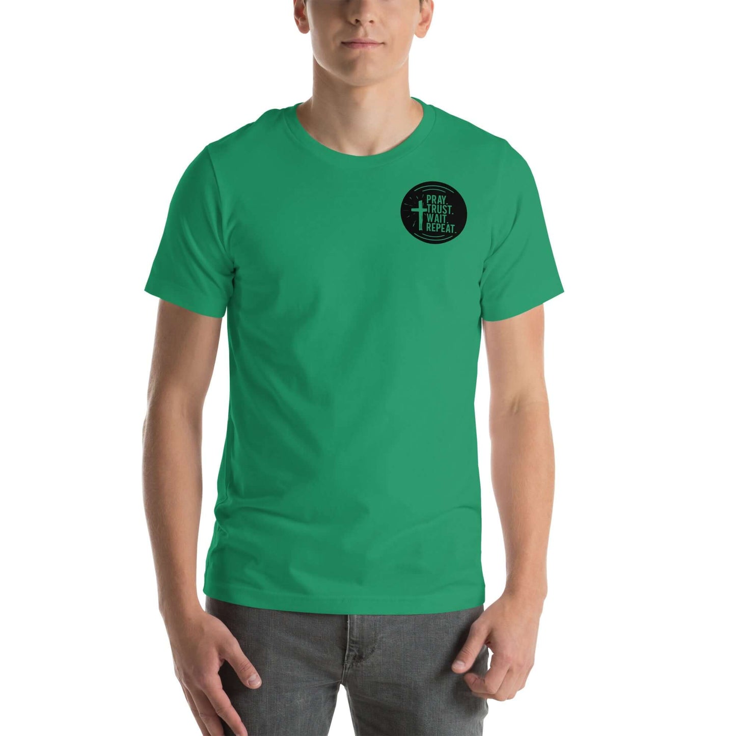 Green Christian T-shirt with "Pray. Trust. Wait. Repeat." design, perfect for daily wear and inspiring faith.