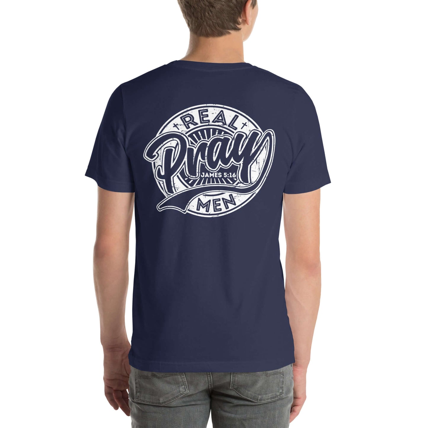 Men's Christian T-shirt with "Real Men Pray" design on back, showcasing faith-based fashion in navy blue.