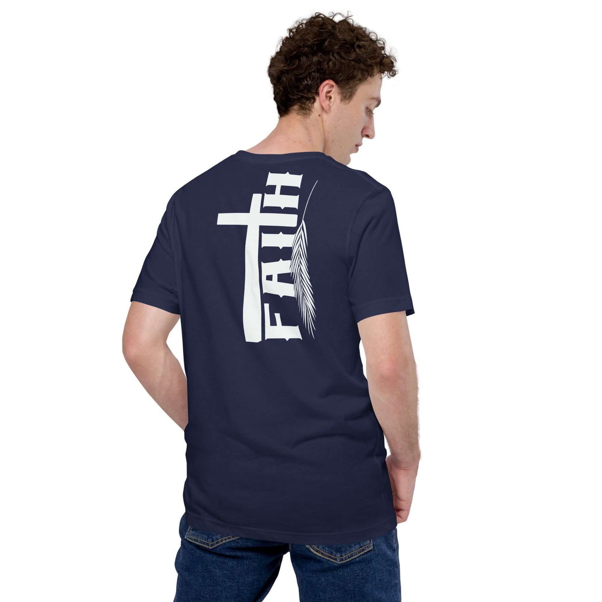 Man wearing navy Faith t-shirt with cross and feather design inspired by Hebrews 11:1, Christian clothing UK