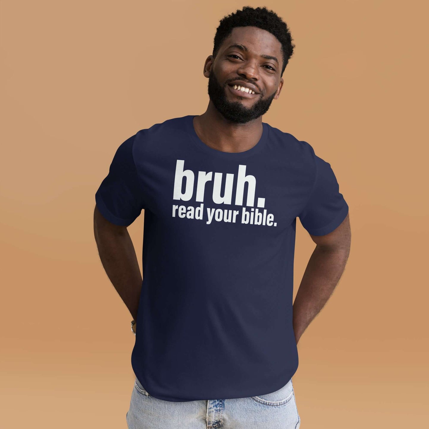 Christian T-shirt featuring "bruh. read your bible." design, casual apparel for believers in the UK.