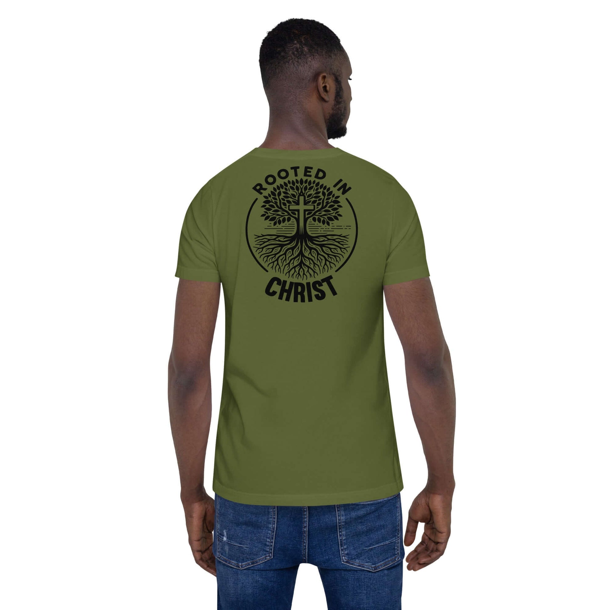 Unisex green "Rooted in Christ" t-shirt featuring tree design, perfect for expressing faith in Christian clothing UK.