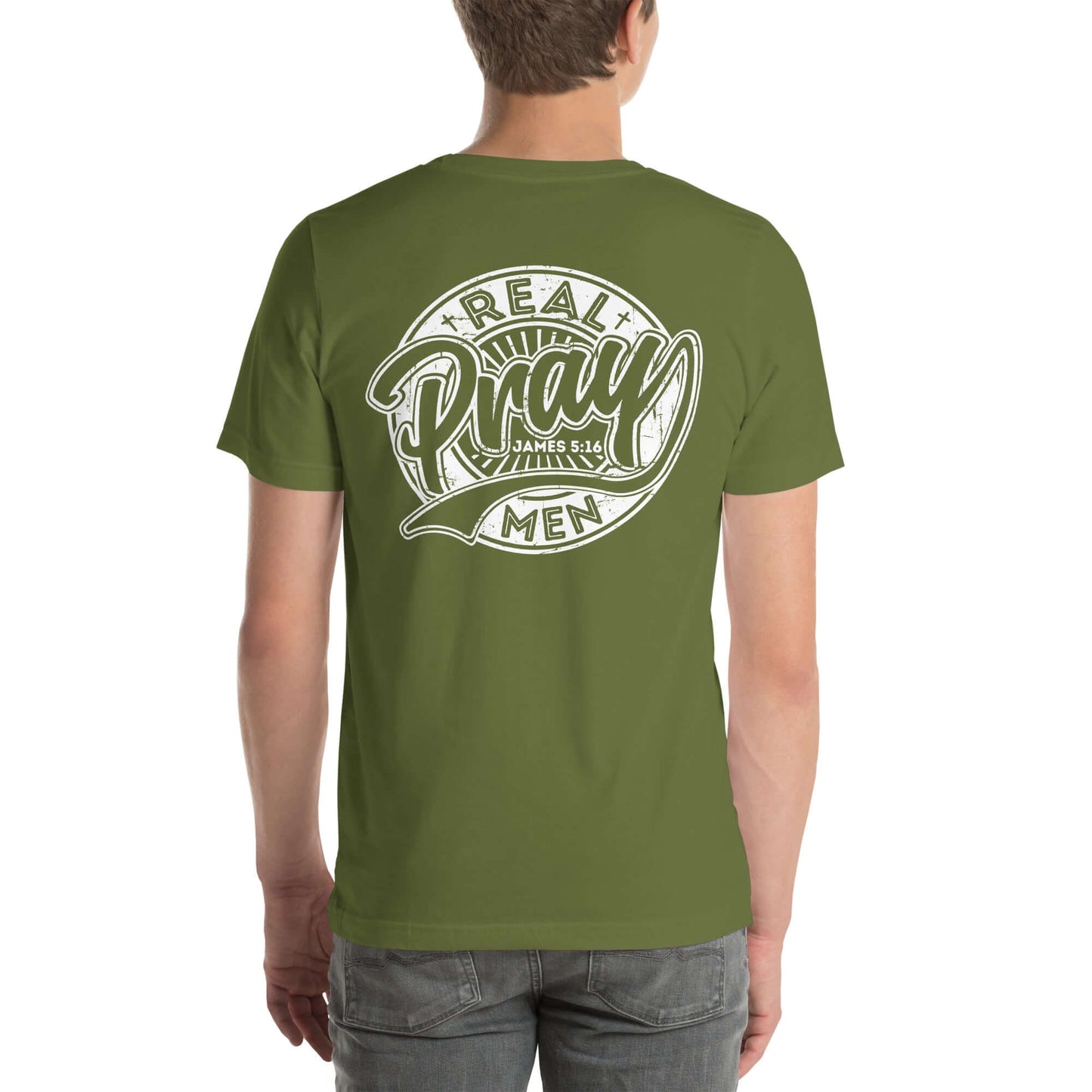 Men's olive green t-shirt featuring "Real Men Pray" design, promoting Christian faith and strength in UK fashion.