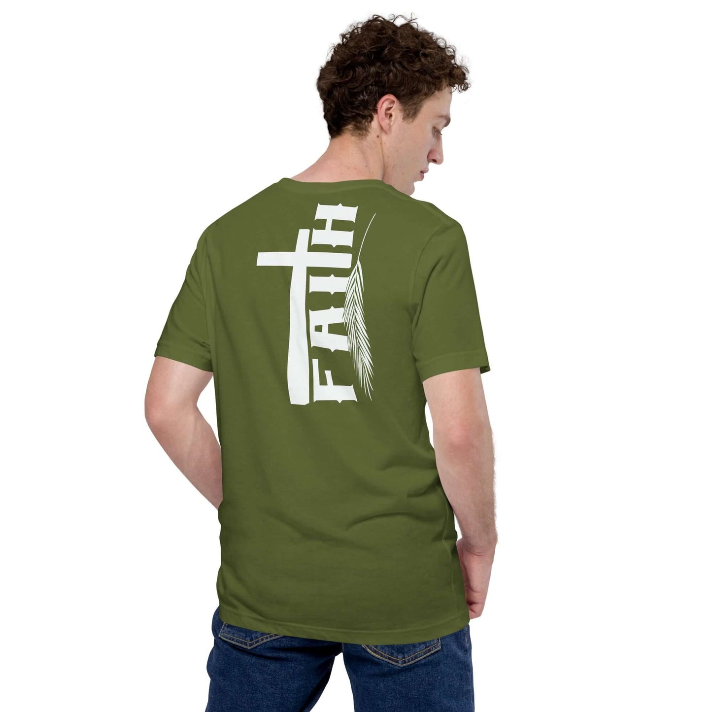 Man wearing Christian clothing UK Faith Cross and Feather T-Shirt in olive green, inspired by Hebrews 11:1, back view.