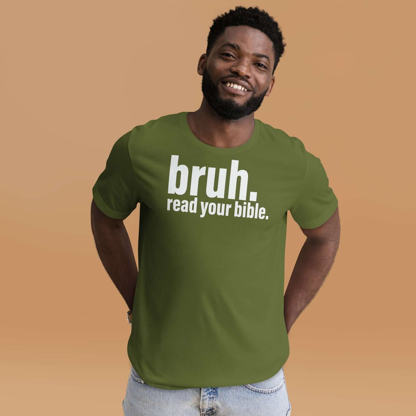 Christian T-shirt featuring "bruh. read your bible." design, casual apparel for Christians in the UK.