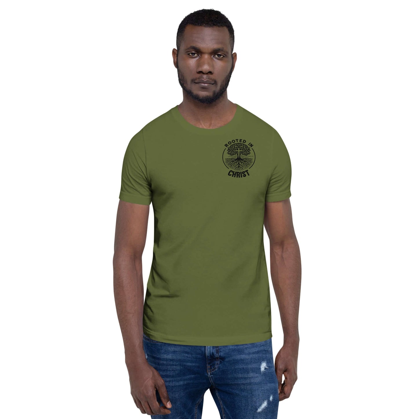 Unisex green t-shirt featuring "Rooted in Christ" design, perfect for Christian clothing in the UK.