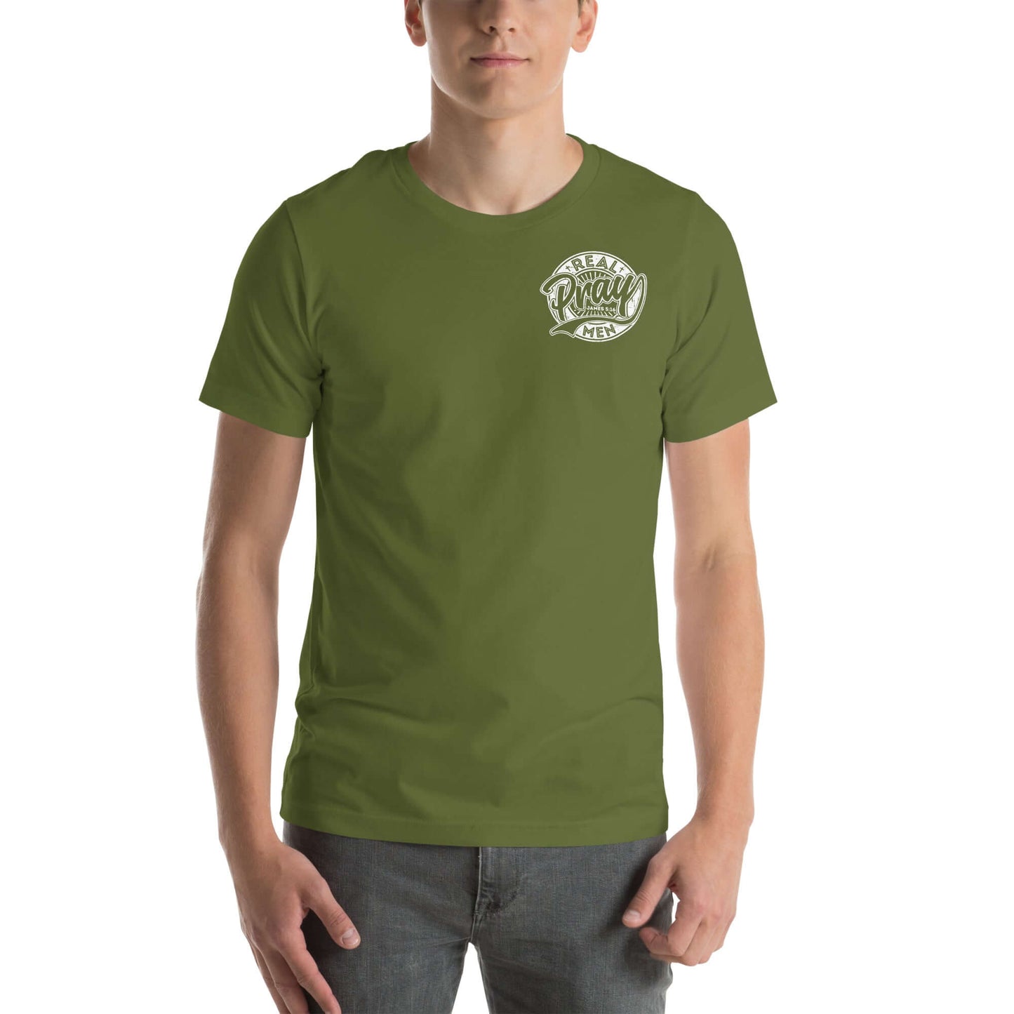 Men's olive green "Real Men Pray" Christian T-shirt, perfect for expressing faith and strength in style.