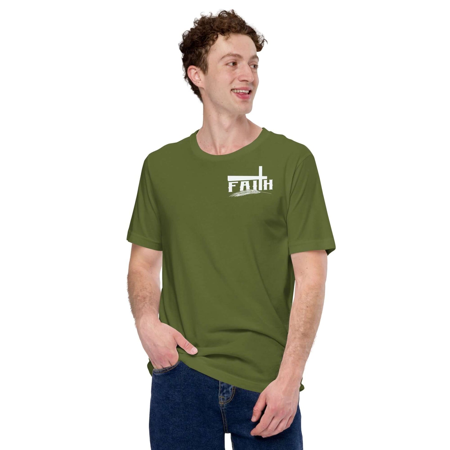 Young caucasian man wearing a green 'Faith' T-shirt with cross and feather design, inspired by Hebrews 11:1, Christian clothing UK.