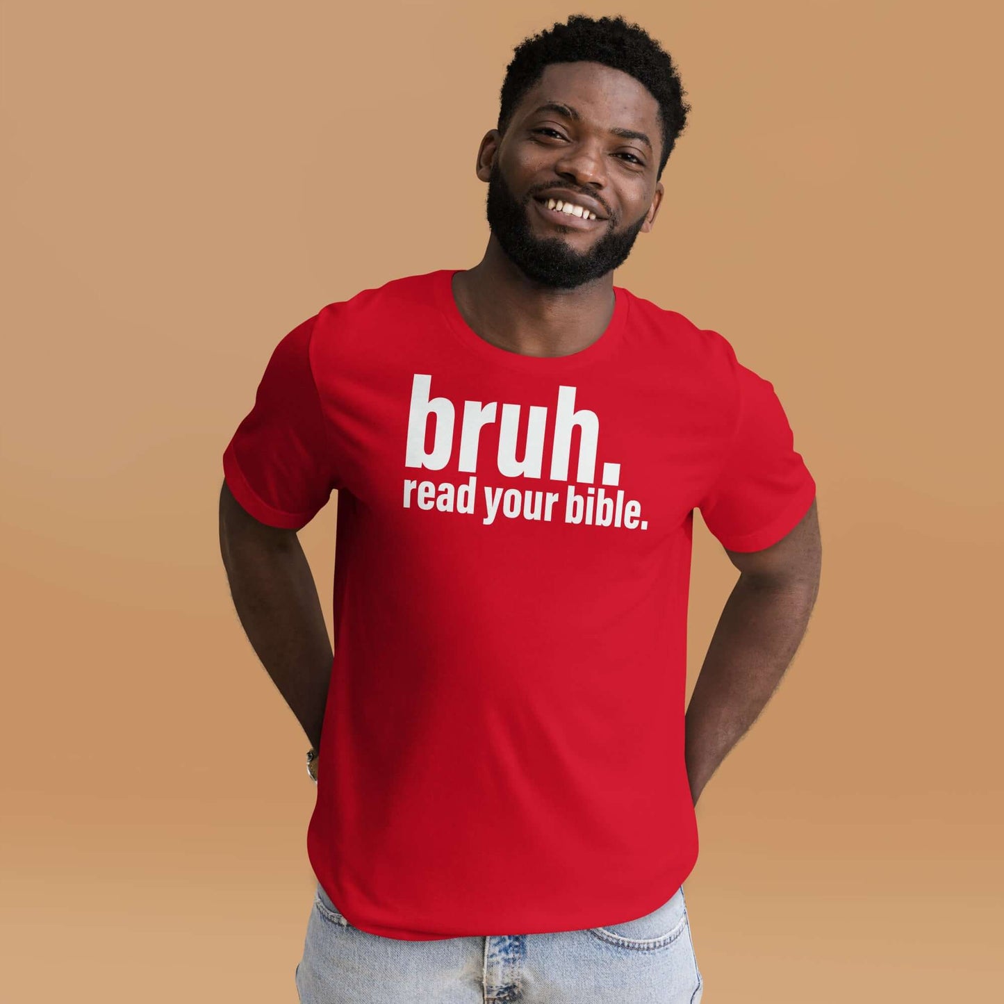 Man wearing a red "Bruh, Read Your Bible" Christian T-shirt promoting faith-inspired casual clothing.