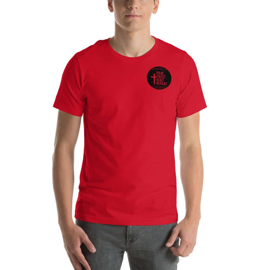 Red Christian T-shirt featuring "Pray. Trust. Wait. Repeat." design, perfect for daily wear and inspiration.