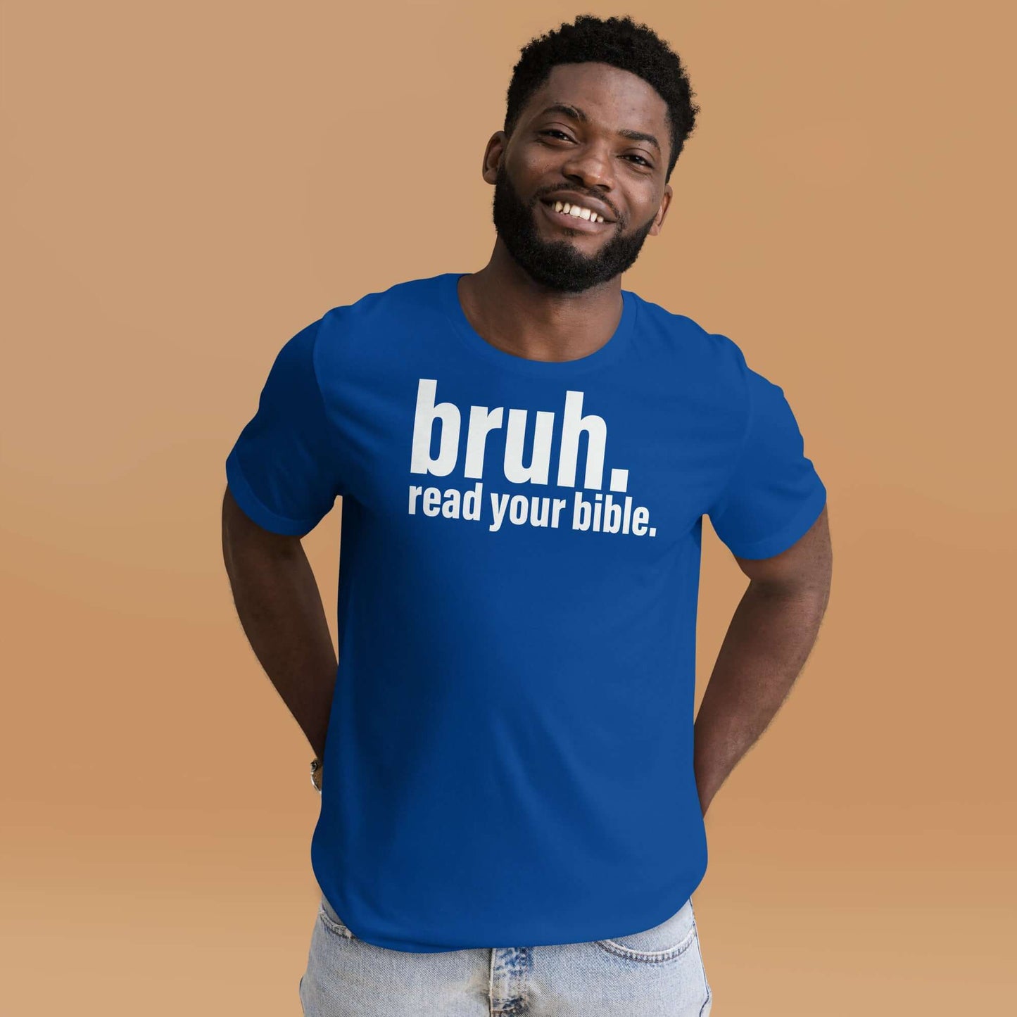 Christian T-shirt featuring "bruh. read your bible." design, casual apparel for Christians in the UK.