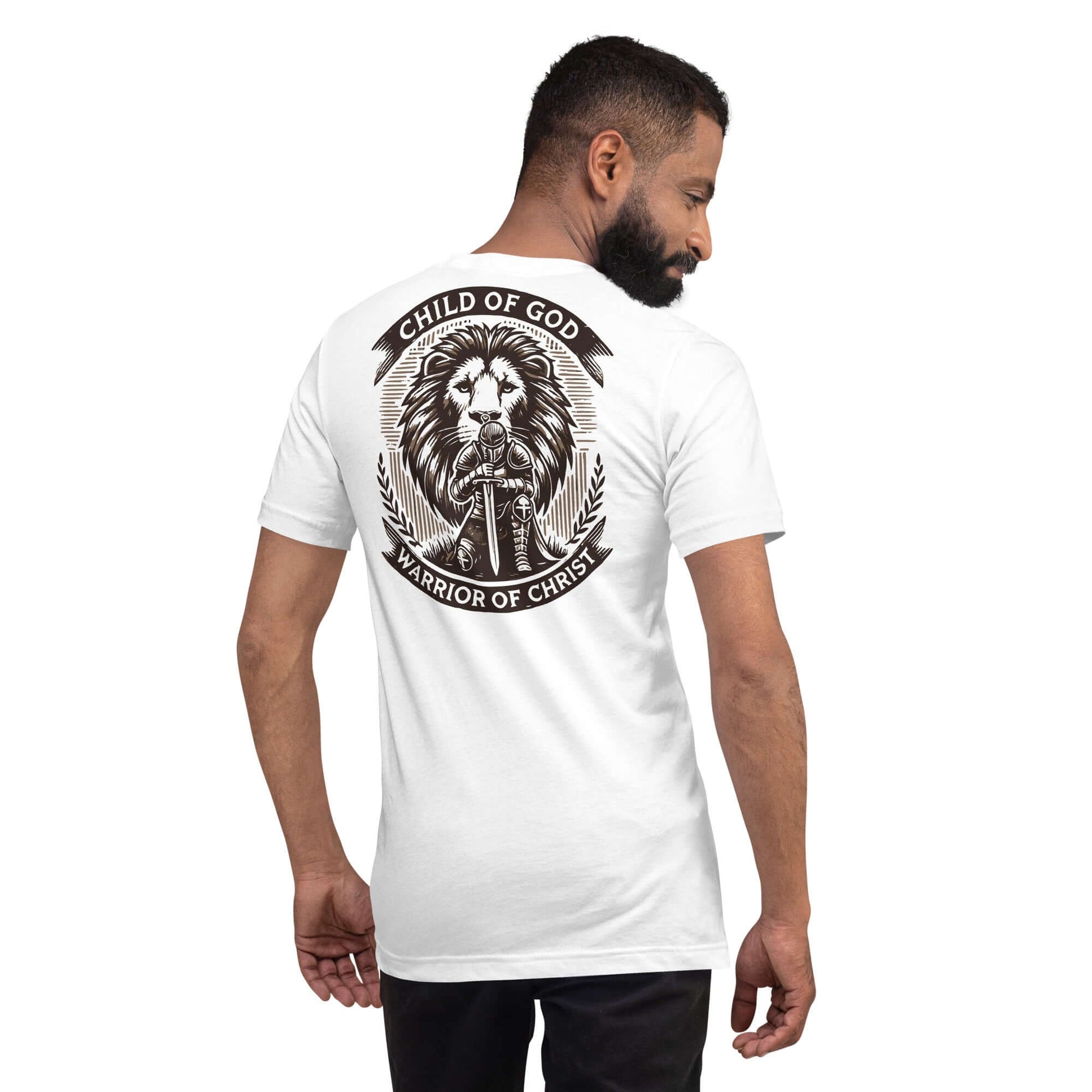 Man wearing Christian 'Child of God, Warrior of Christ' T-shirt with lion design on back, inspired by Ephesians 6:10-11, Christian clothing UK.