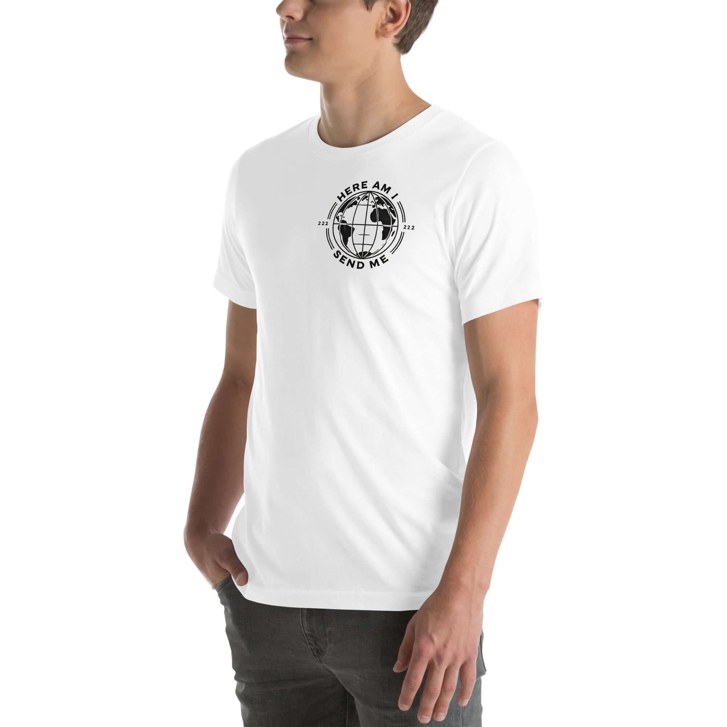 Here Am I, Send Me Christian T-Shirt featuring bold text, perfect for expressing faith and purpose in Christian clothing UK.